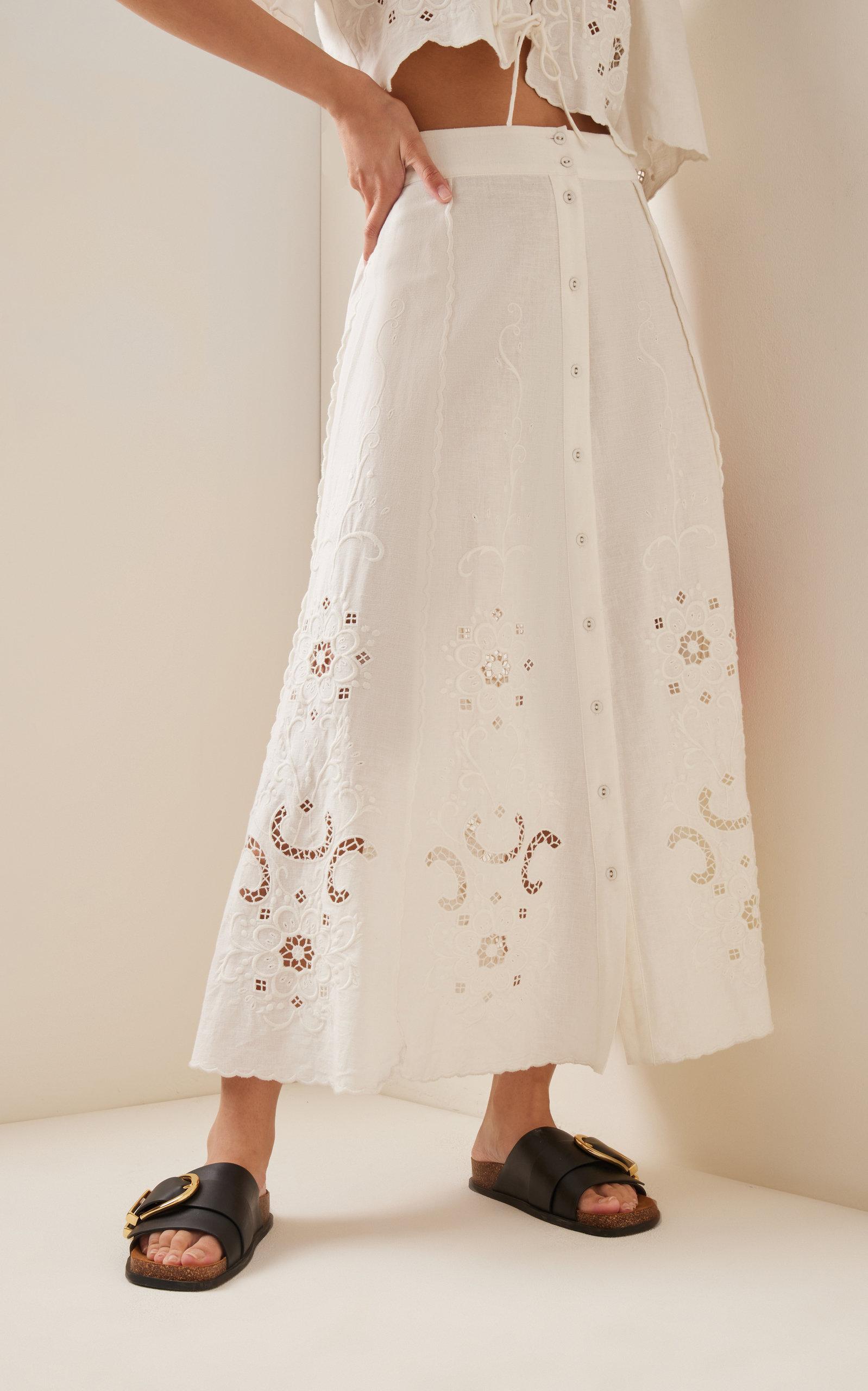 Sea Kiara Embroidered Button-front Cotton Midi Skirt in White | Lyst