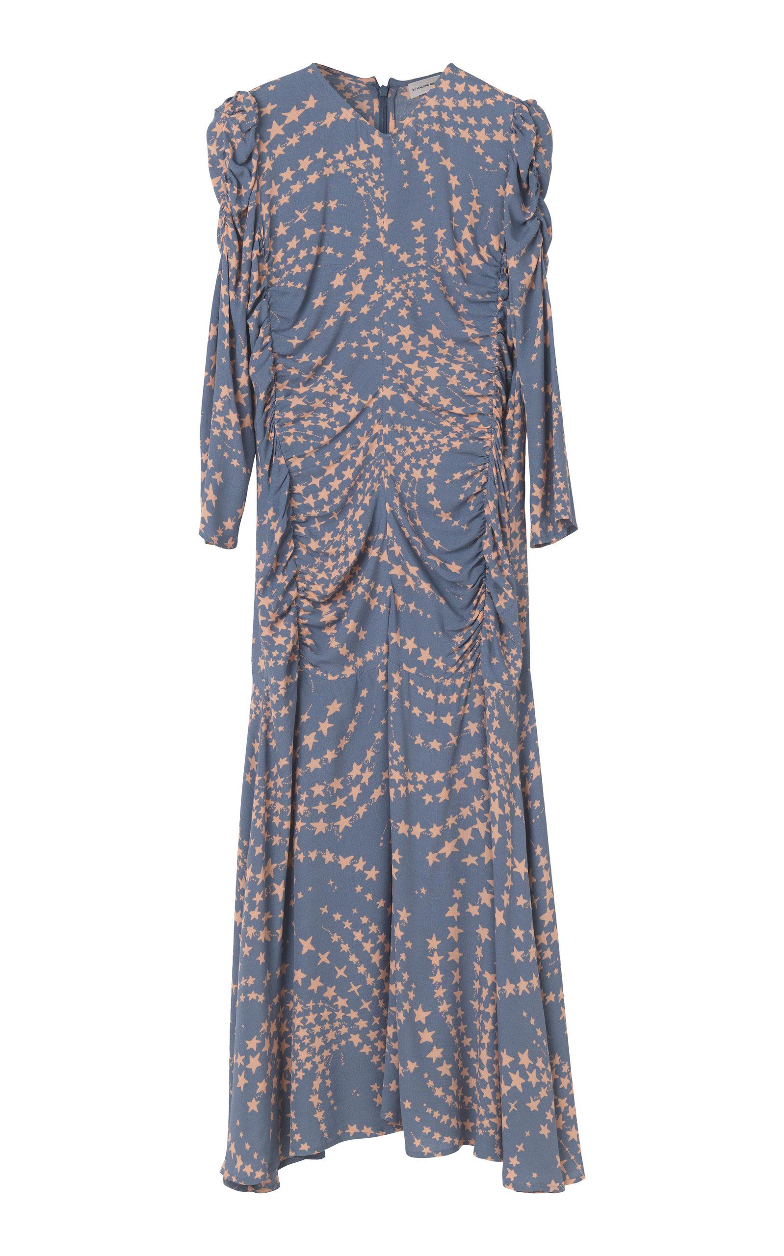 By Malene Birger Wool Moonia Printed Ruched Maxi Dress in Blue - Lyst