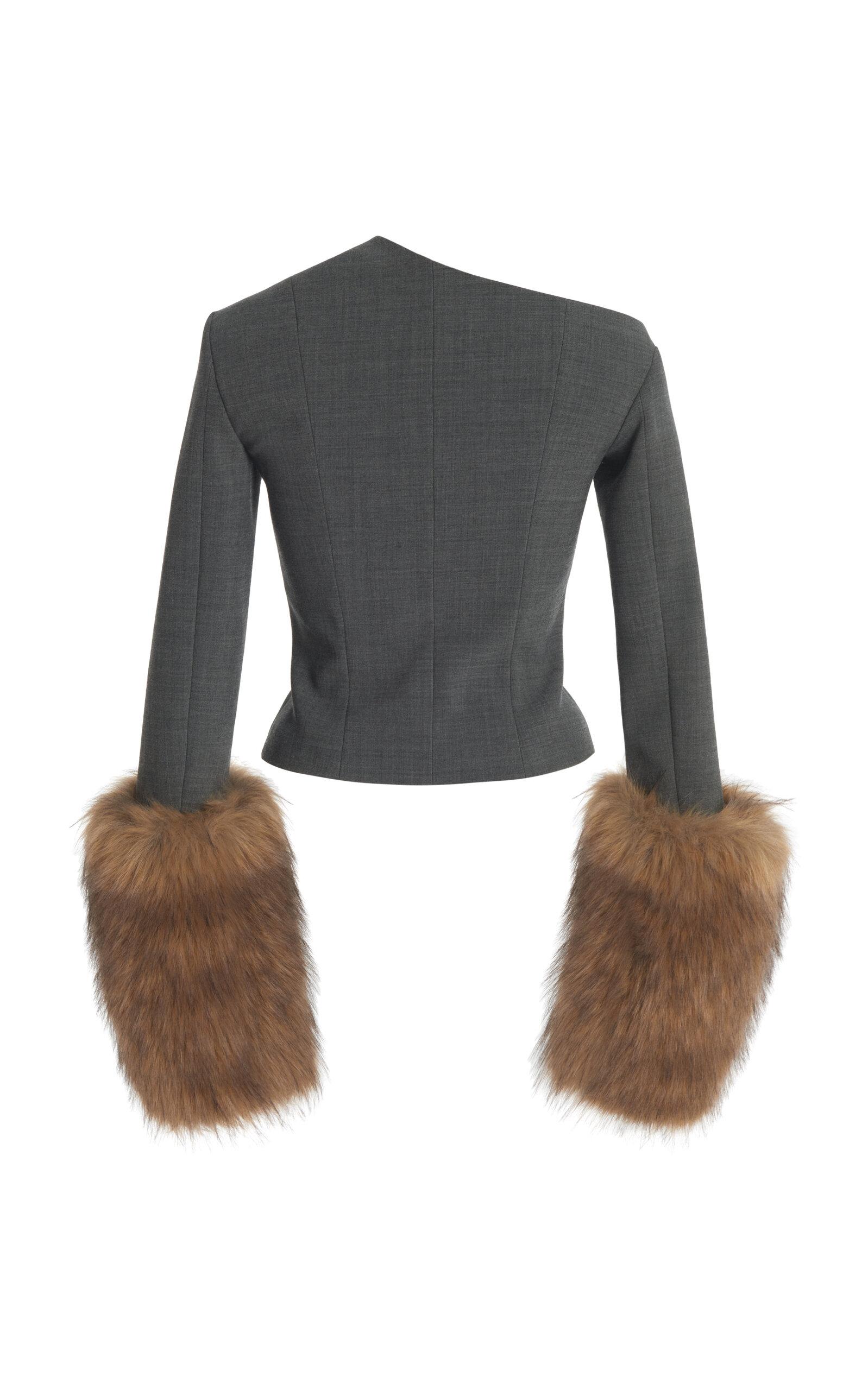 ジャケット・アウター asymmetry fur middle coat A.W.A.K.E. MODE Asymmetric Faux Fur-trimmed Jacket in Black