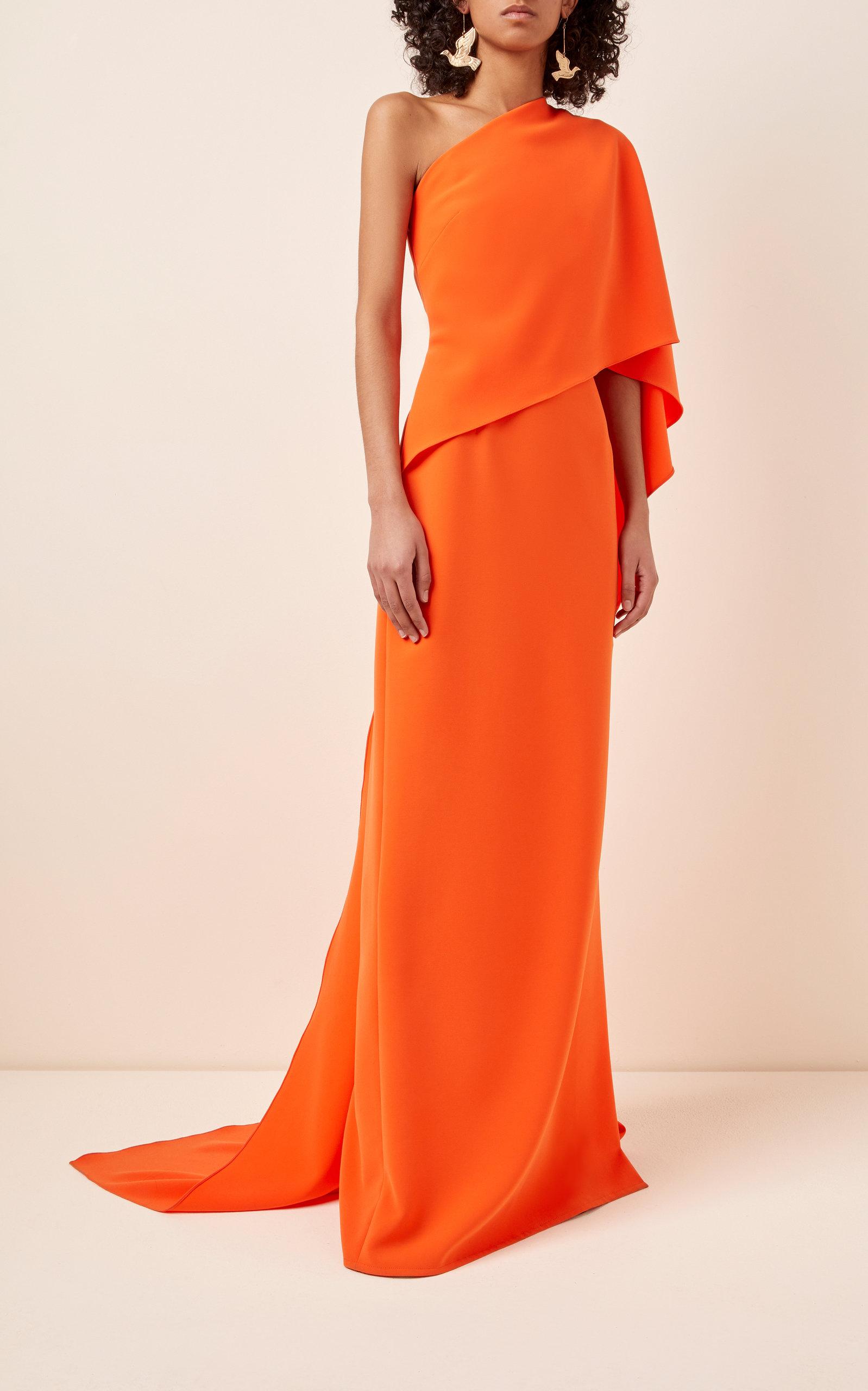 Carolina Herrera One-shoulder Draped Cape Crepe Gown in Orange | Lyst