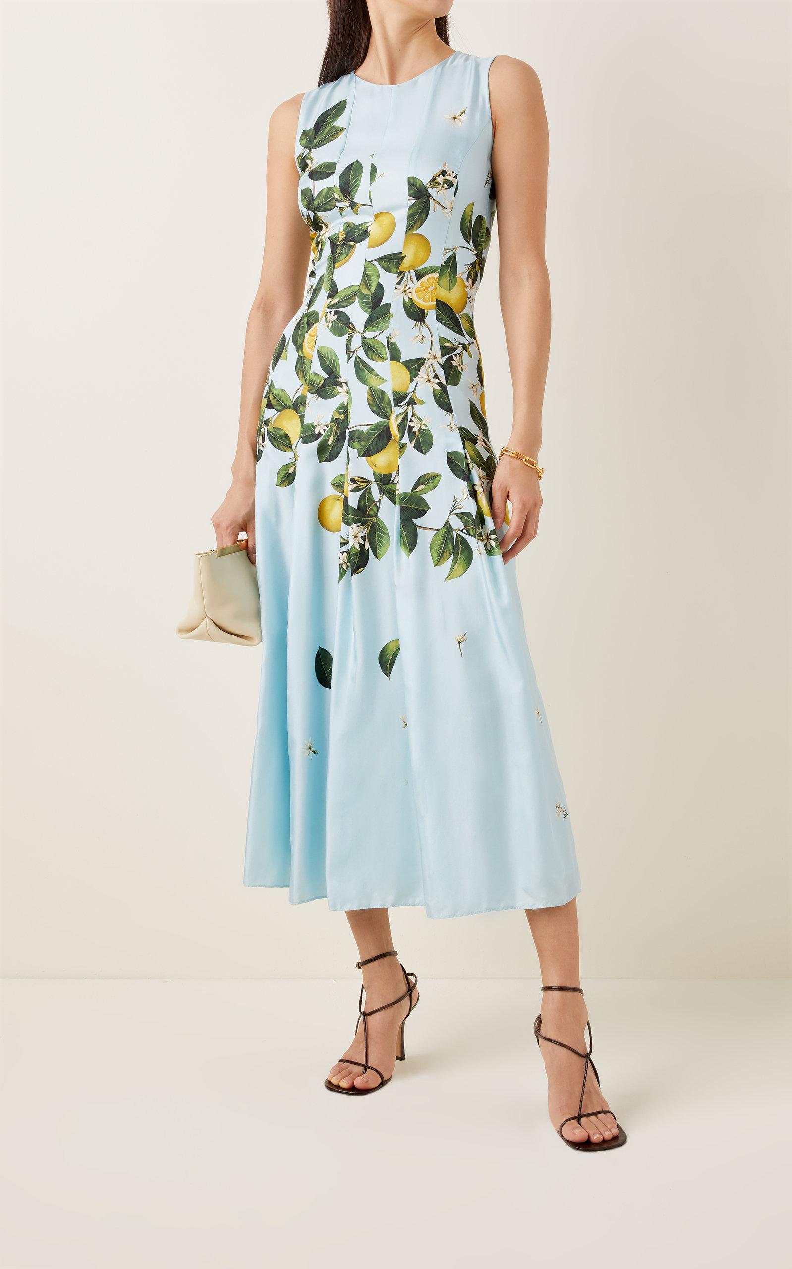 Oscar de la Renta Pleated Lemon-print Silk Midi Dress in Blue - Lyst