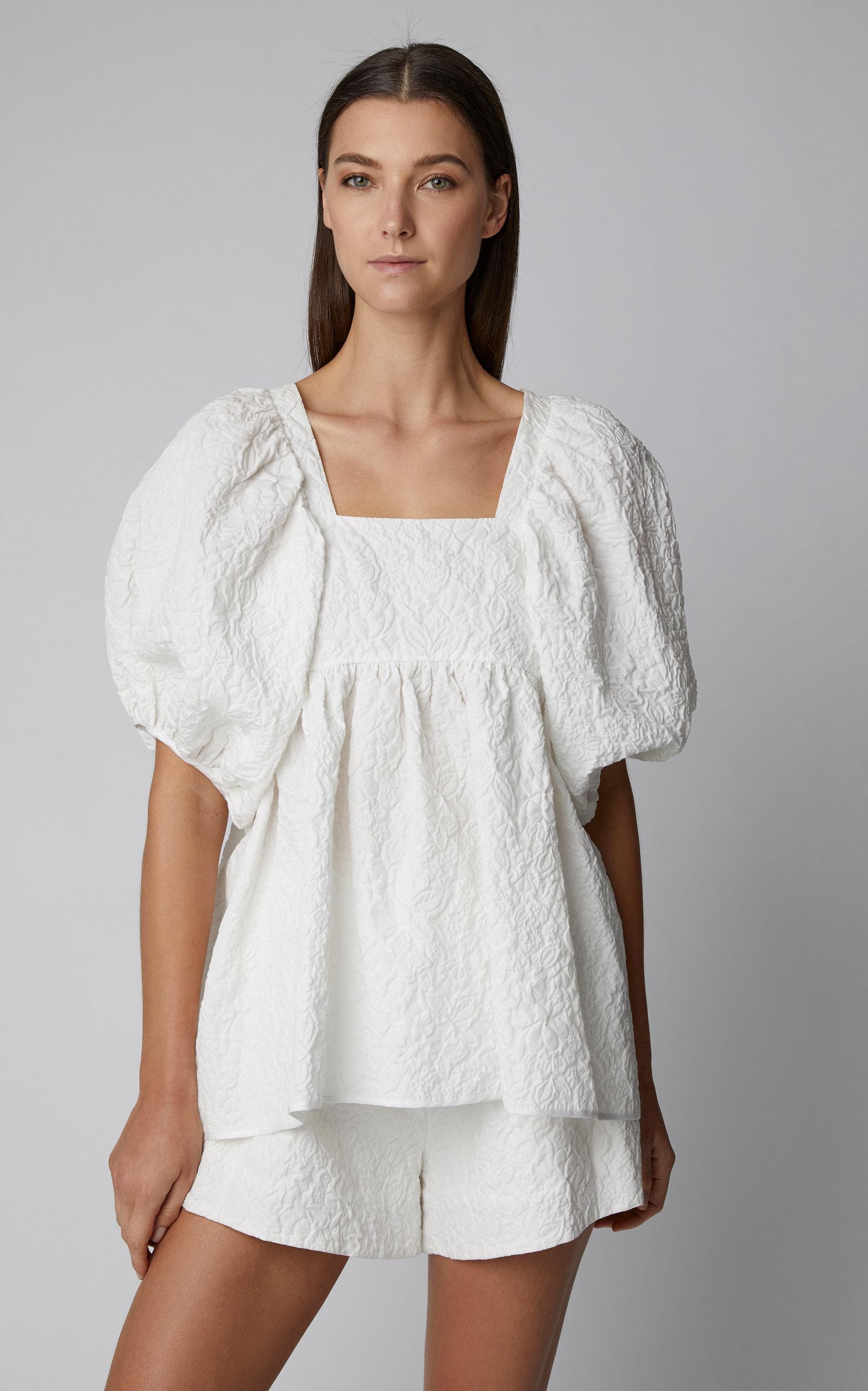 Cecilie Bahnsen Rita Puff-sleeve Cotton-blend Matelassé Top in White - Lyst