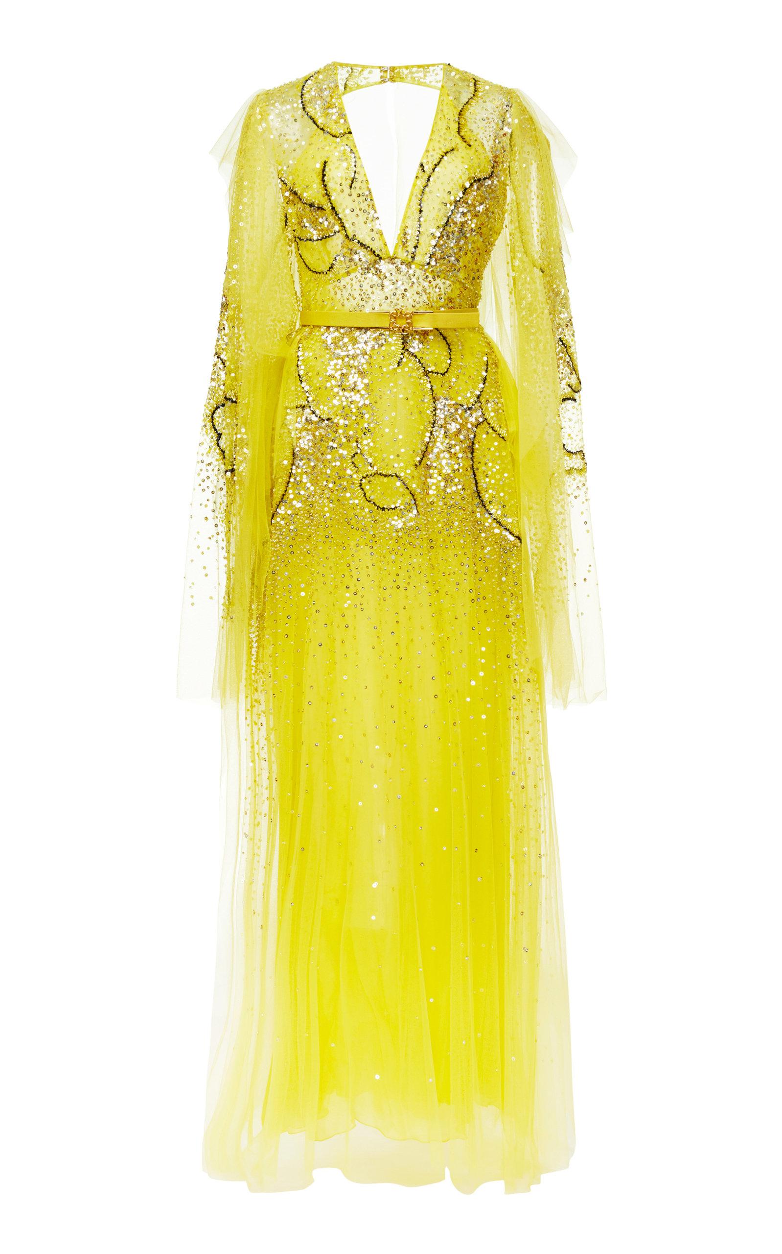 Elie Saab Bead-embroidered Chiffon Maxi Dress in Yellow | Lyst