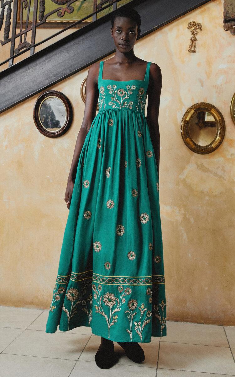 Agua Bendita Barbara Esmeralda Embroidered Linen Maxi Dress in Green | Lyst  UK