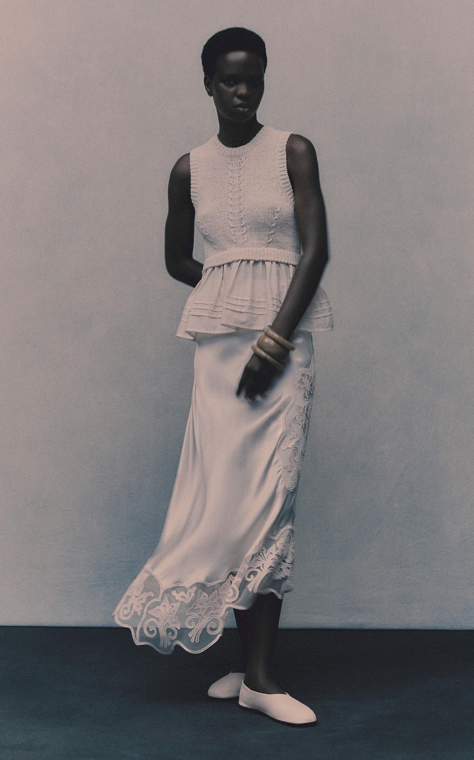 ワンピース ULLA JOHNSON Women Mid Skirts PS250133JSM WHITE Willa Skirt - Pristine White Midi Knit Skirt with Ruffles