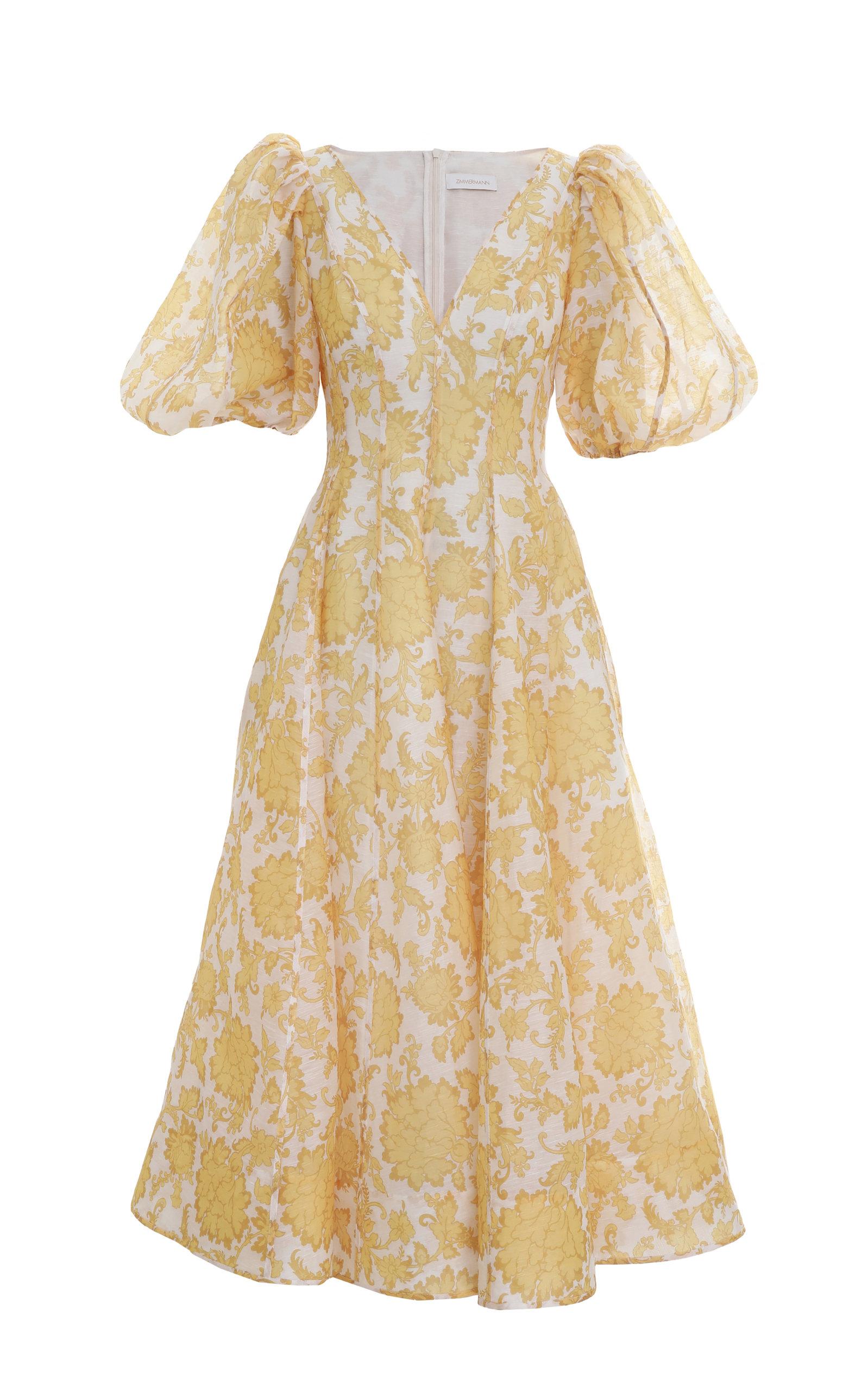 Zimmermann Postcard Puff-sleeve Floral Linen-silk Midi Dress | Lyst
