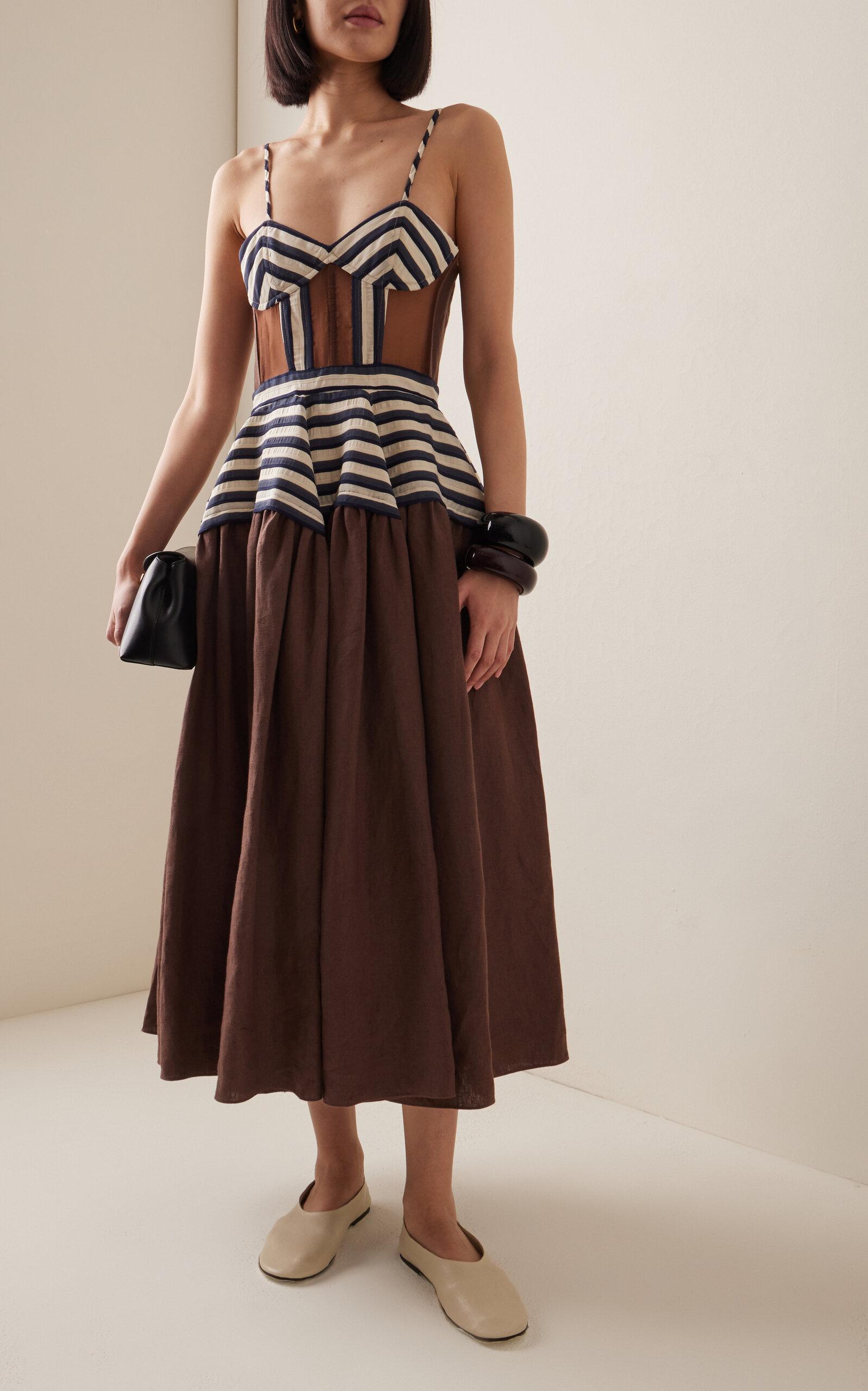 Rosie Assoulin Golden Afternoon Striped Linen Midi Dress in Brown | Lyst Rosie Assoulin Golden Afternoon Striped Linen Midi Dress in Brown | Lyst