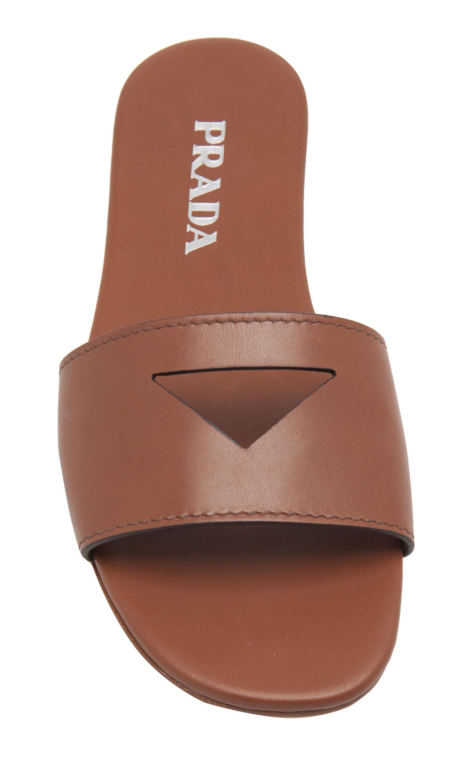 Prada Leather Logo Slides in Brown | Lyst