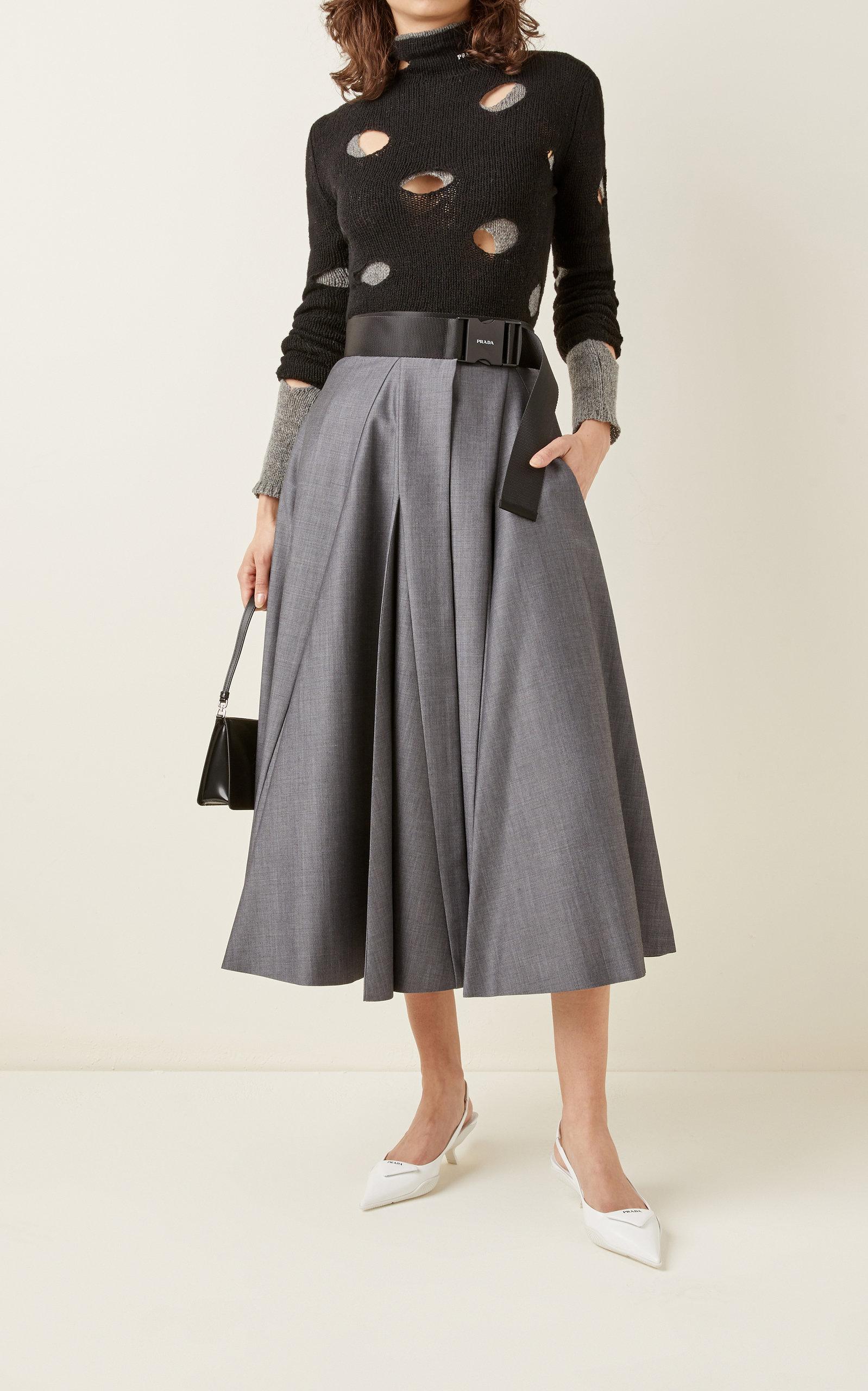 Prada Belted Mohair-wool A-line Midi Skirt in Gray | Lyst