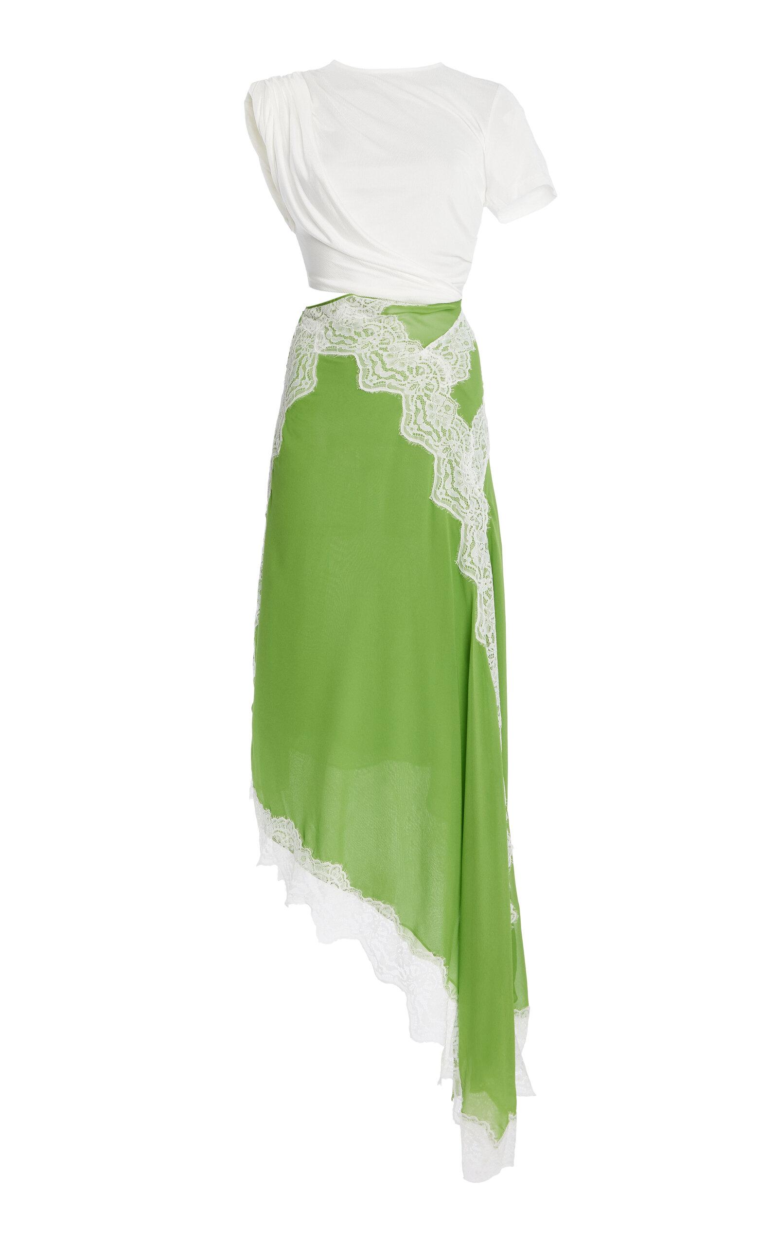 christopher esber green lace dress Christopher Esber Green Verve Asymmetric Lace-trimmed Silk-georgette And  Ribbed Jersey Dress UK 10 main image 0