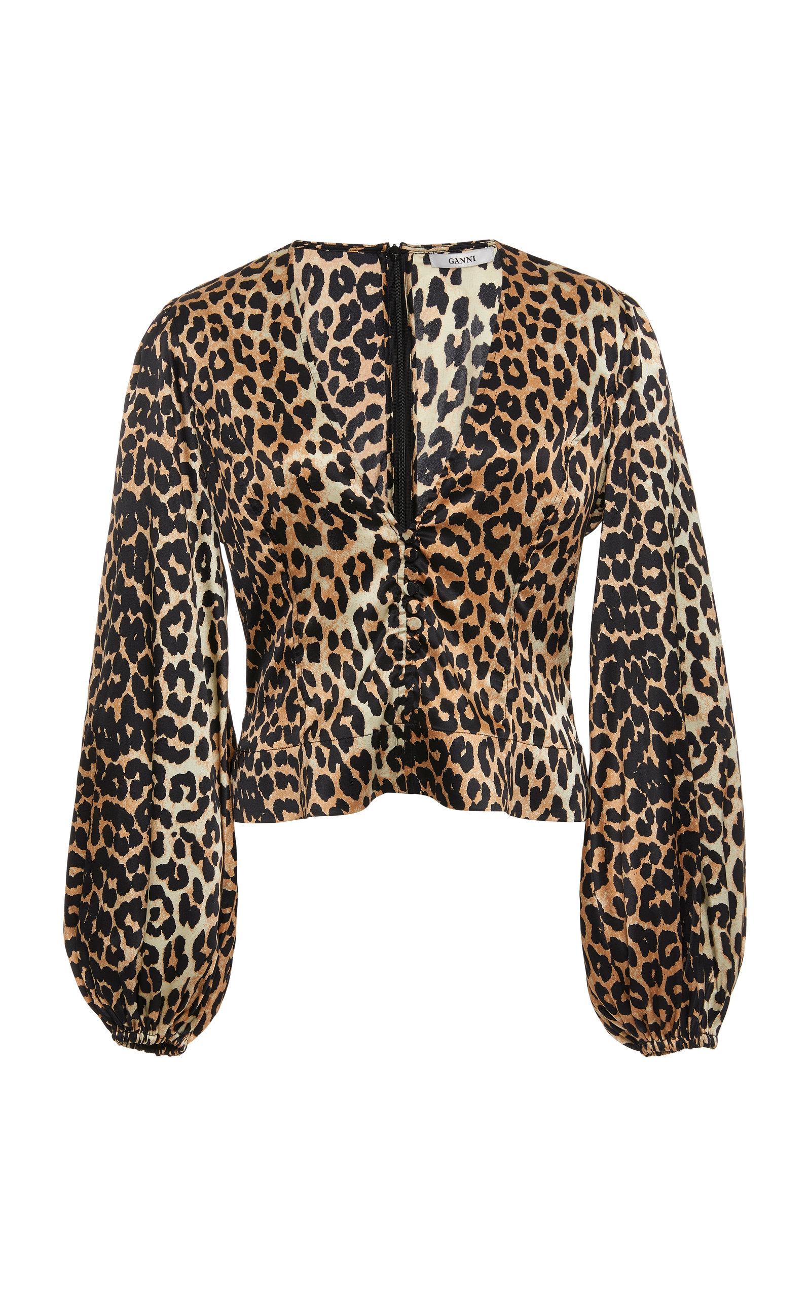 Ganni Leopard-print Silk-blend Satin Top - Lyst