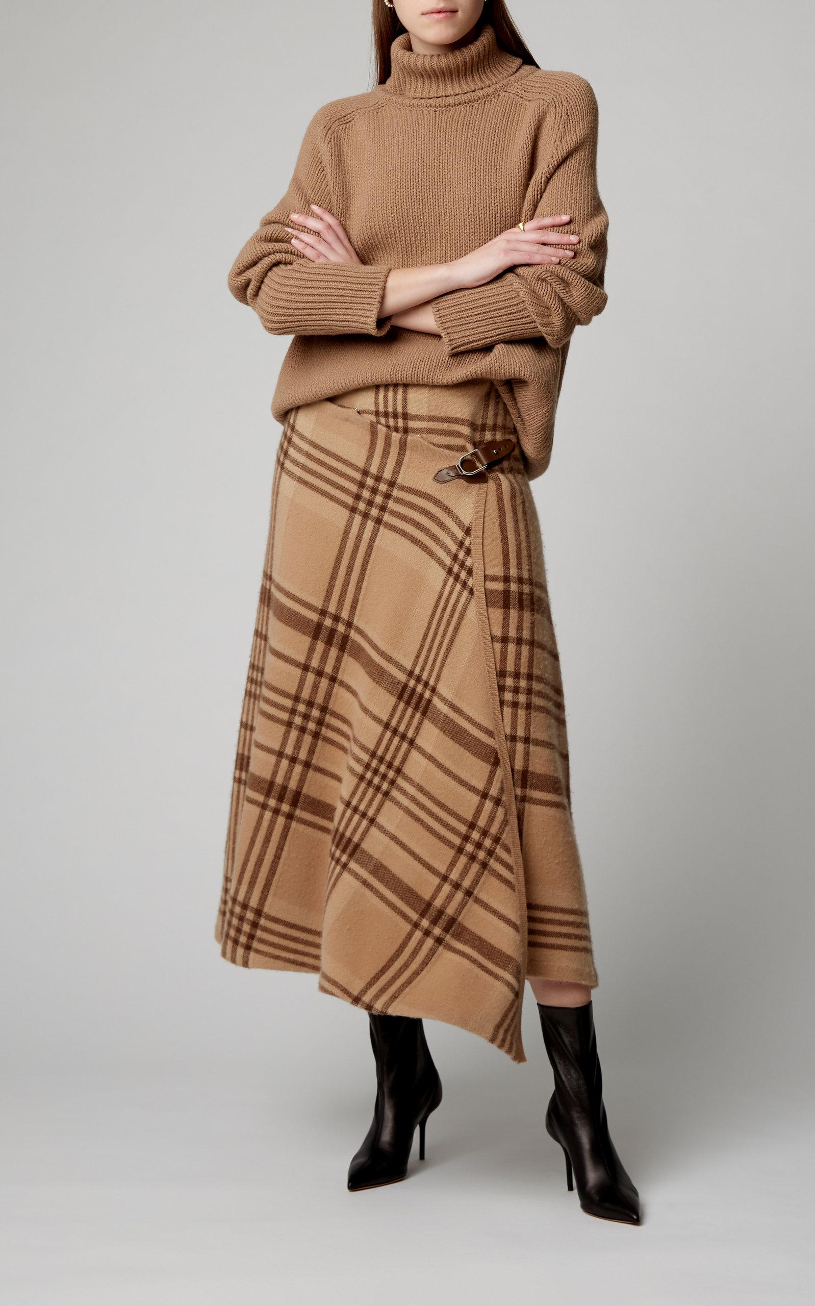 Ralph Lauren Cashmere Wrap-effect Asymmetric Checked Wool Midi Skirt in