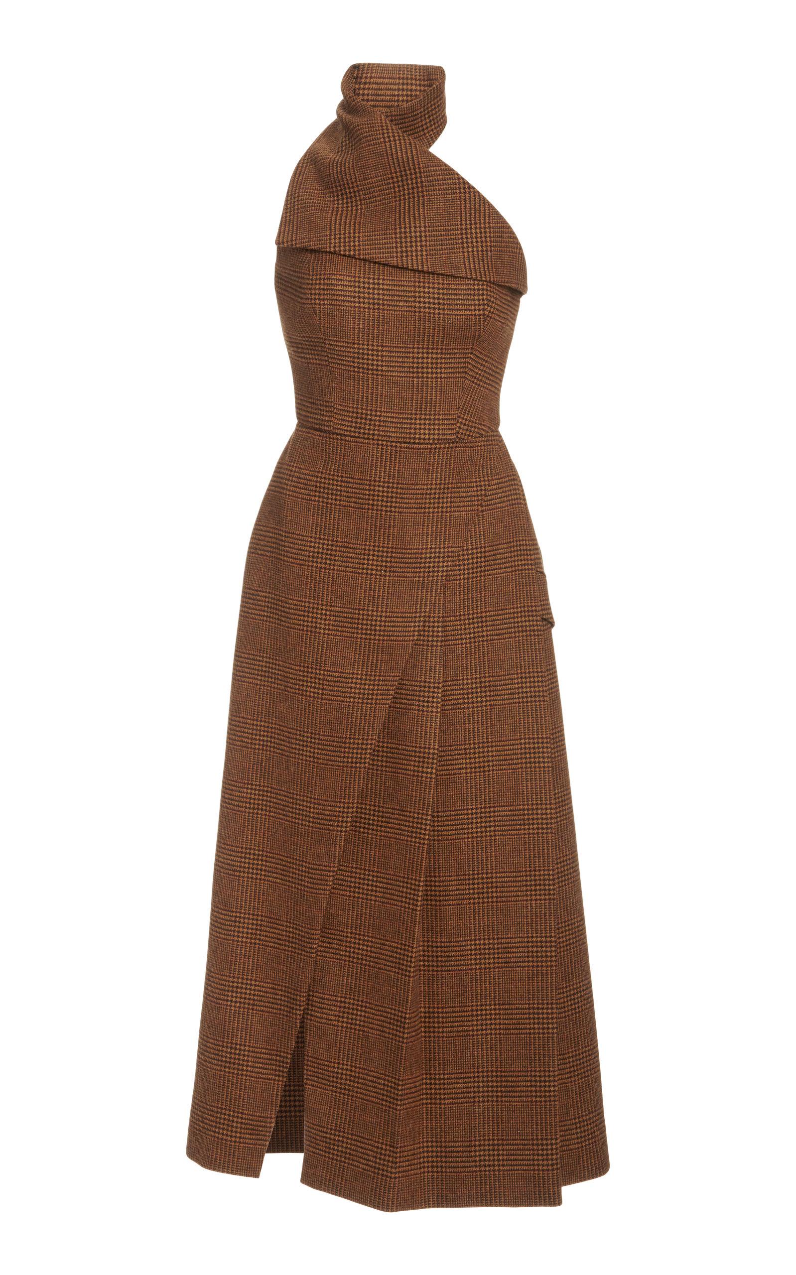 Brandon Maxwell Plaid Wool Midi Halter Dress in Brown | Lyst