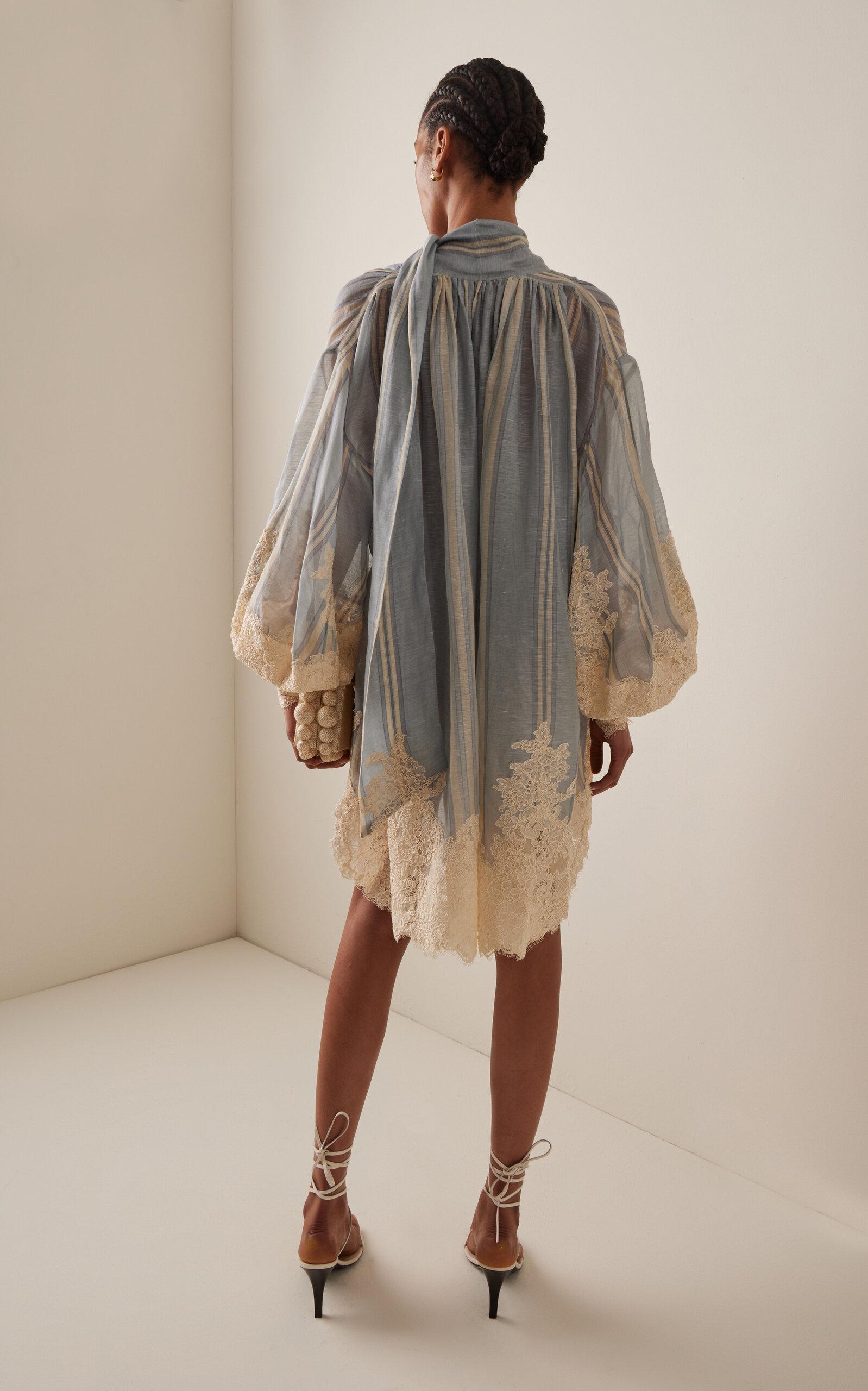zimmermann lyrical lace dress Zimmermann Lyrical Lace Edge Long Sleeve Linen & Silk Dress In Blue/ Cream Stripe - 55% Off