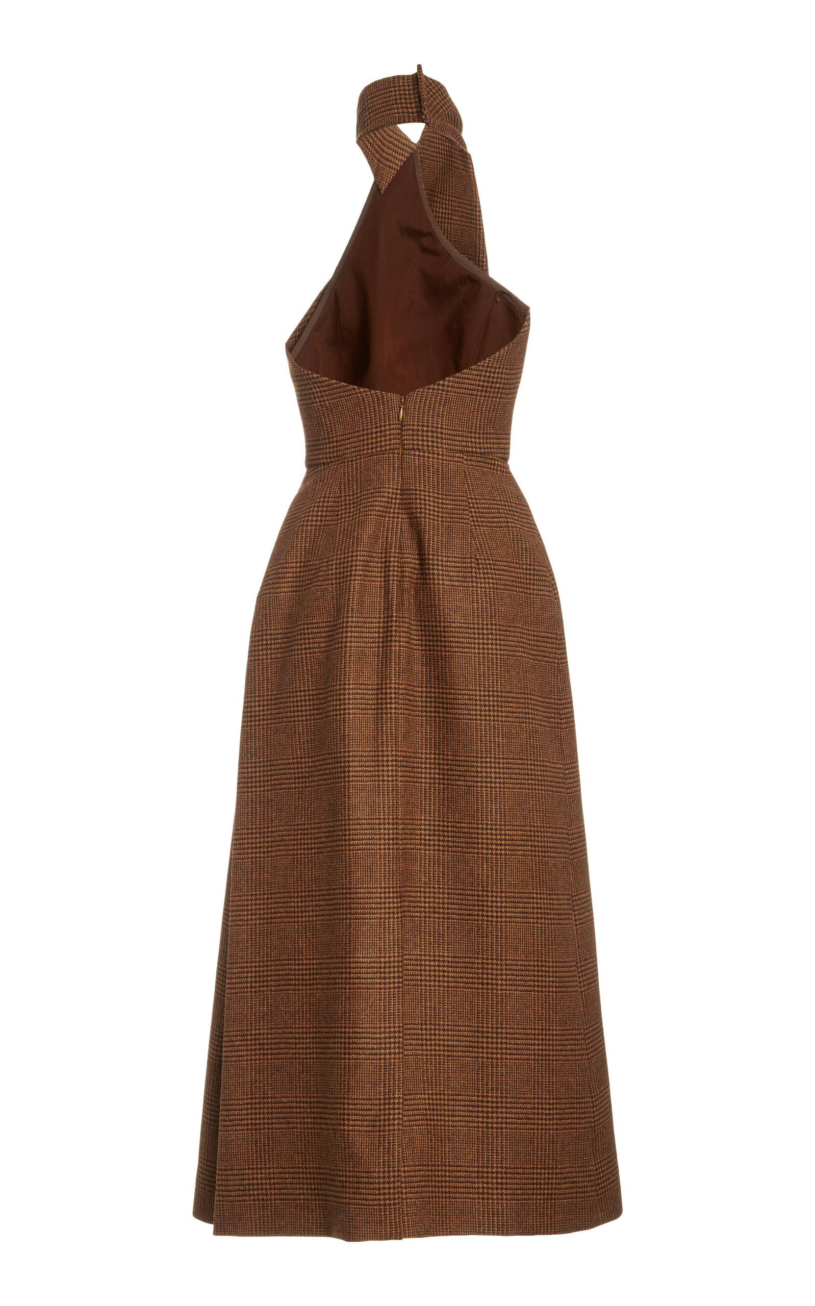 Brandon Maxwell Plaid Wool Midi Halter Dress in Brown