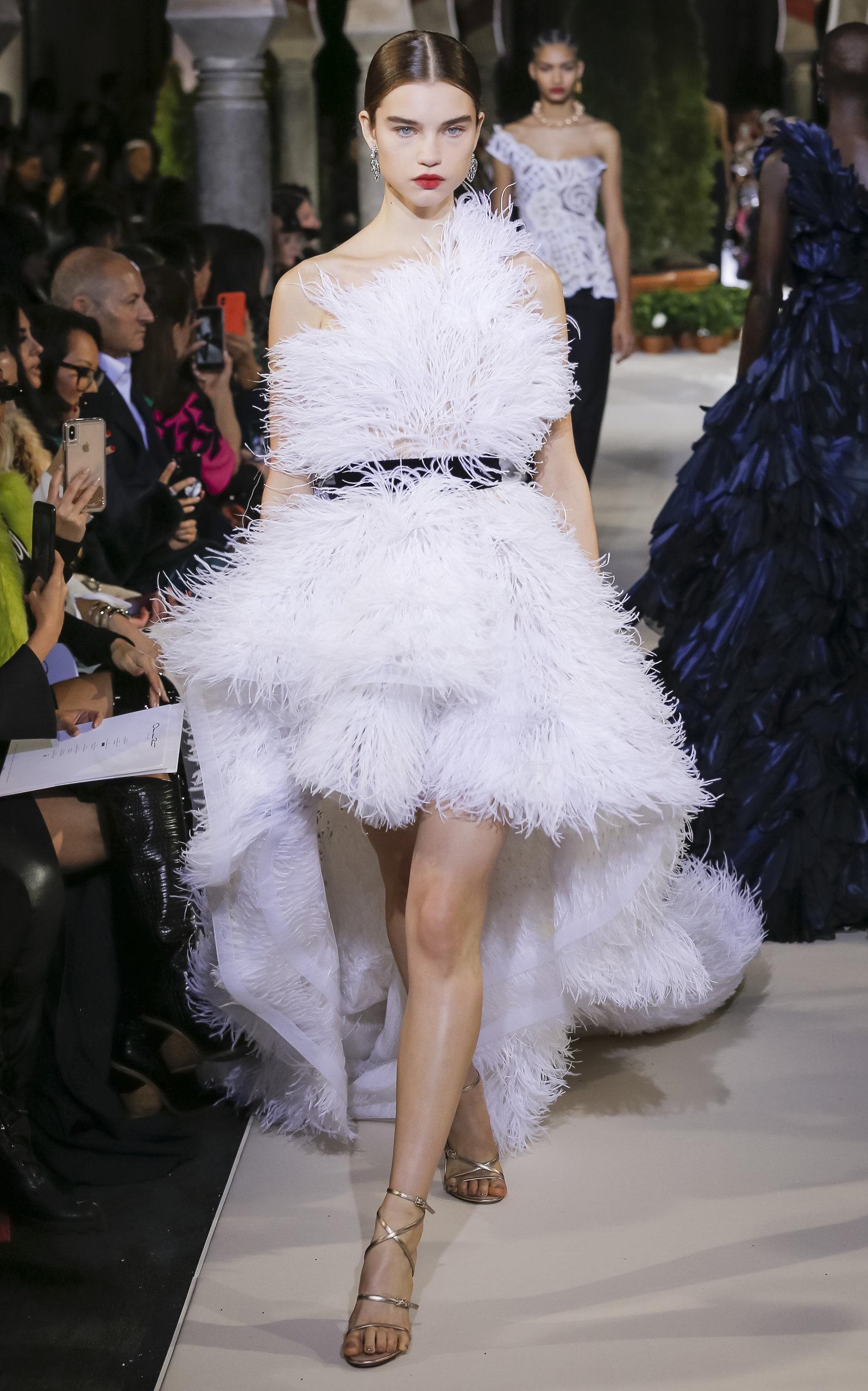 Belted Feather-embellished Tulle Gown 