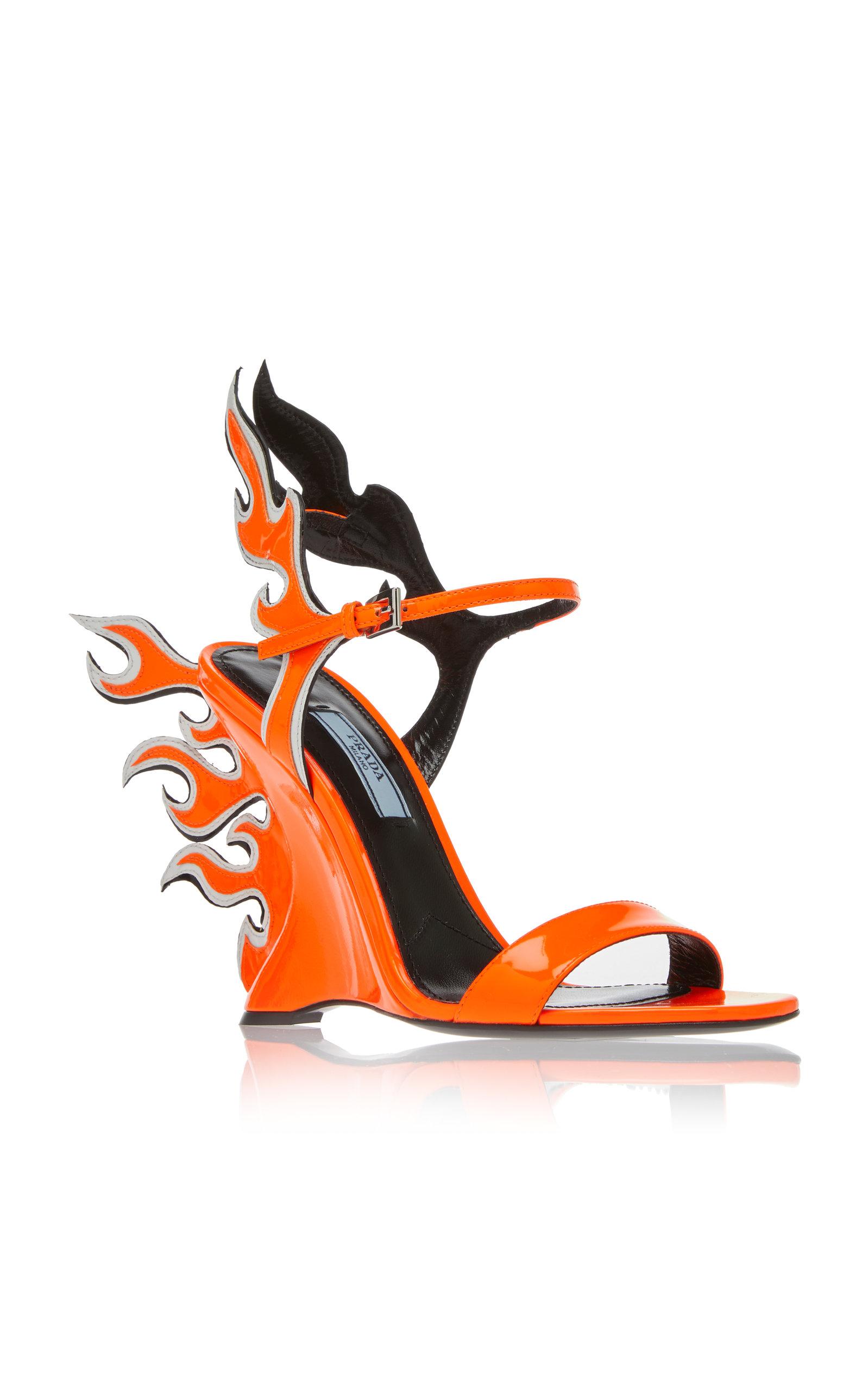 Prada Flame Patent Leather Wedge Sandals in Orange | Lyst