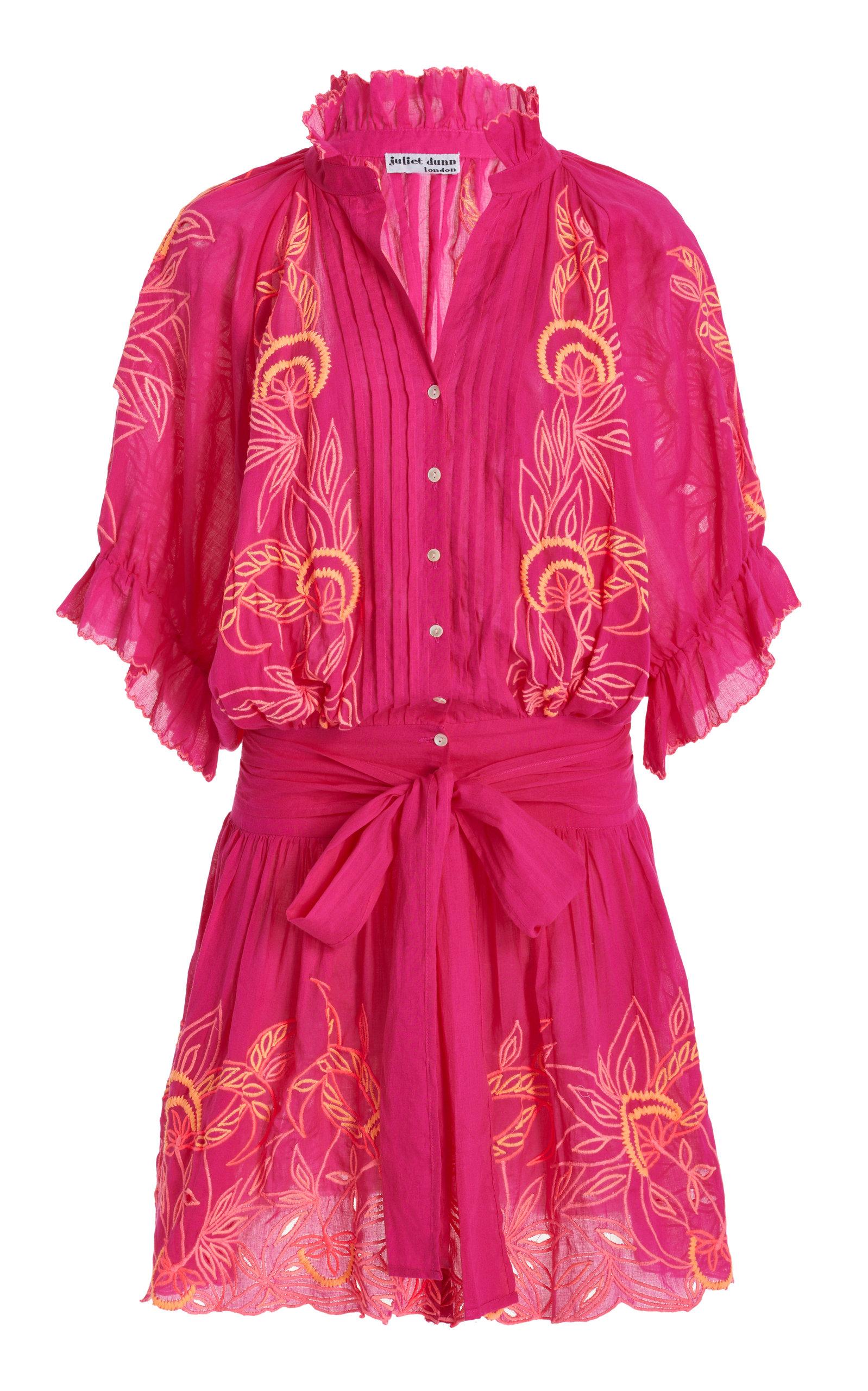 Juliet Dunn Embroidered Cotton Blouson Mini Dress in Pink | Lyst