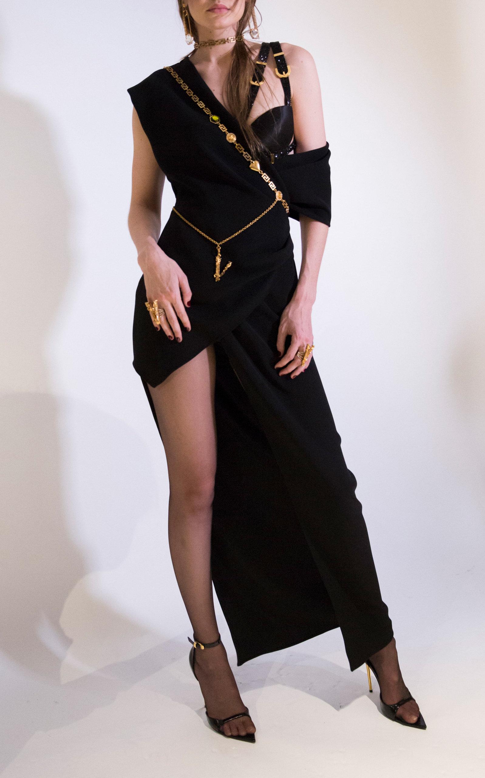 Versace One Shoulder Silk Draped Chain Dress in Black | Lyst