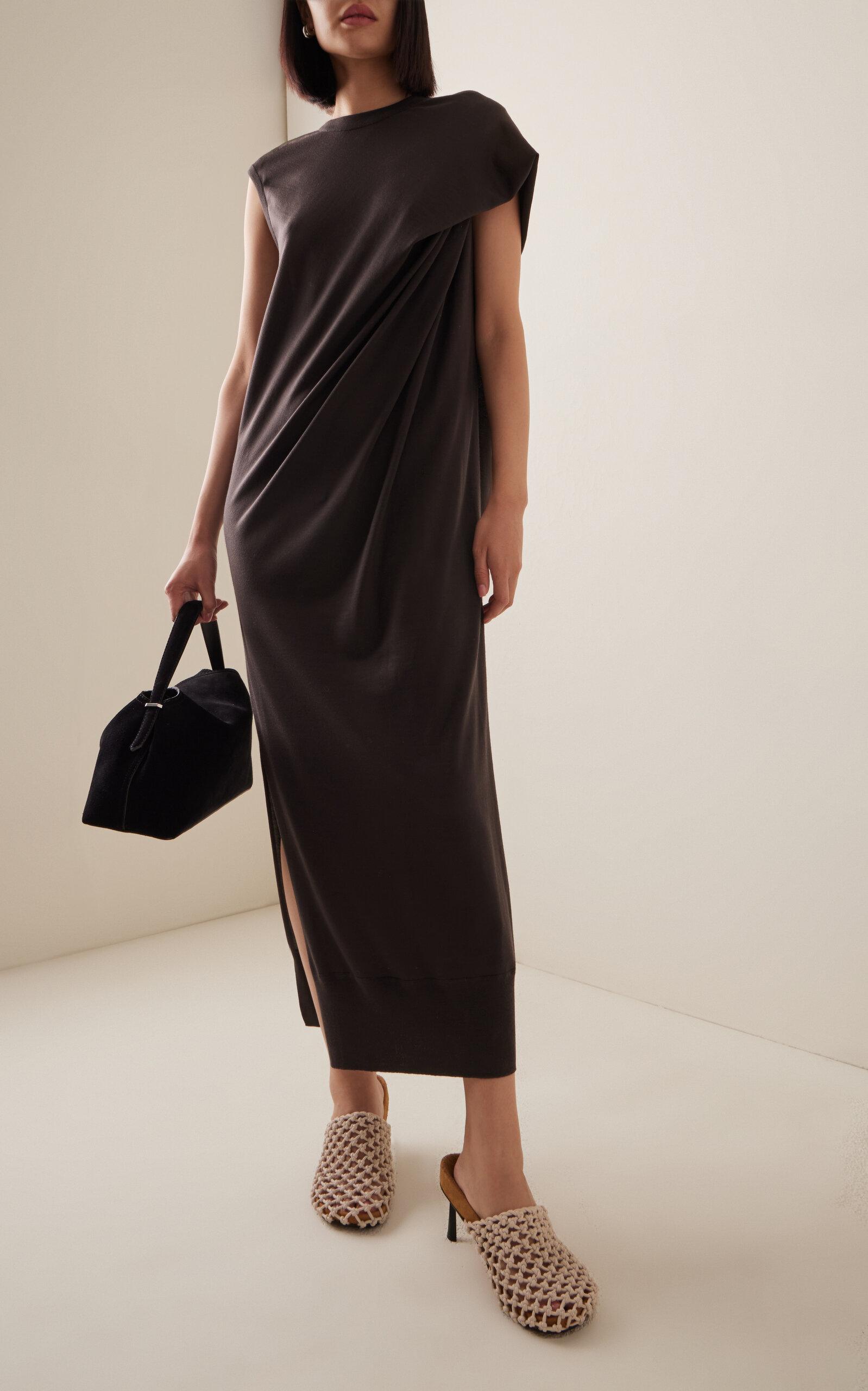Stella McCartney Draped Knit Wool Maxi Dress in Brown | Lyst