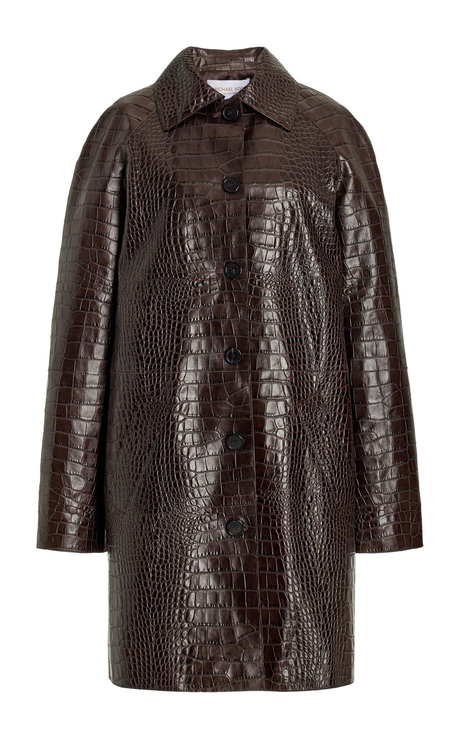 Michael Kors Balmacaan Crocembossed Leather Jacket in Brown Lyst