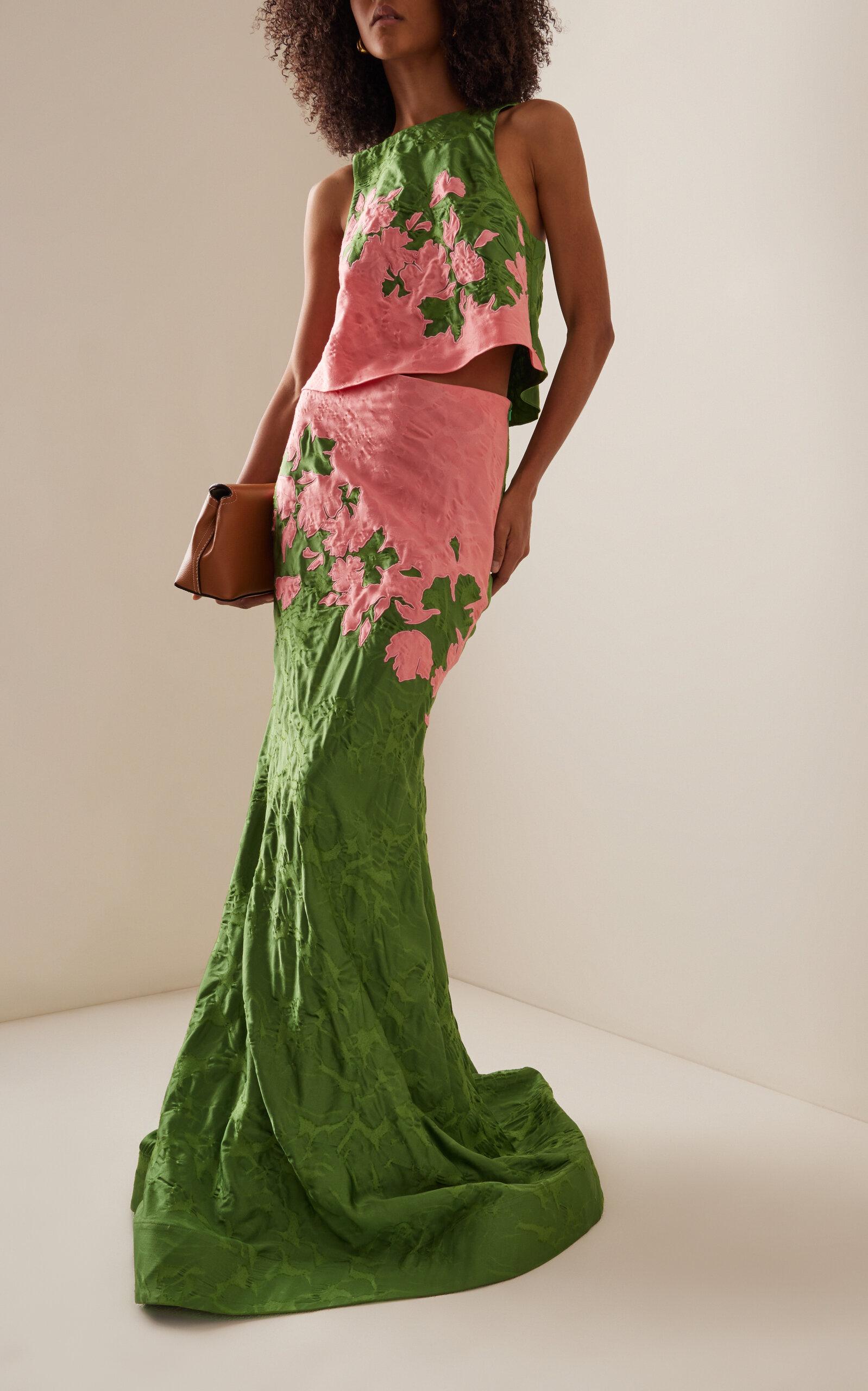 Rosie Assoulin Blown Away Embroidered Satin Jacquard Maxi Skirt in Green |  Lyst