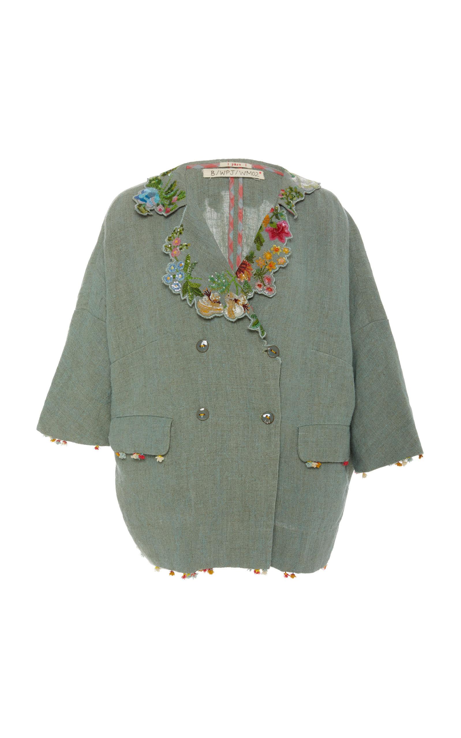Péro Embroidered Collar Linen Jacket in Blue | Lyst