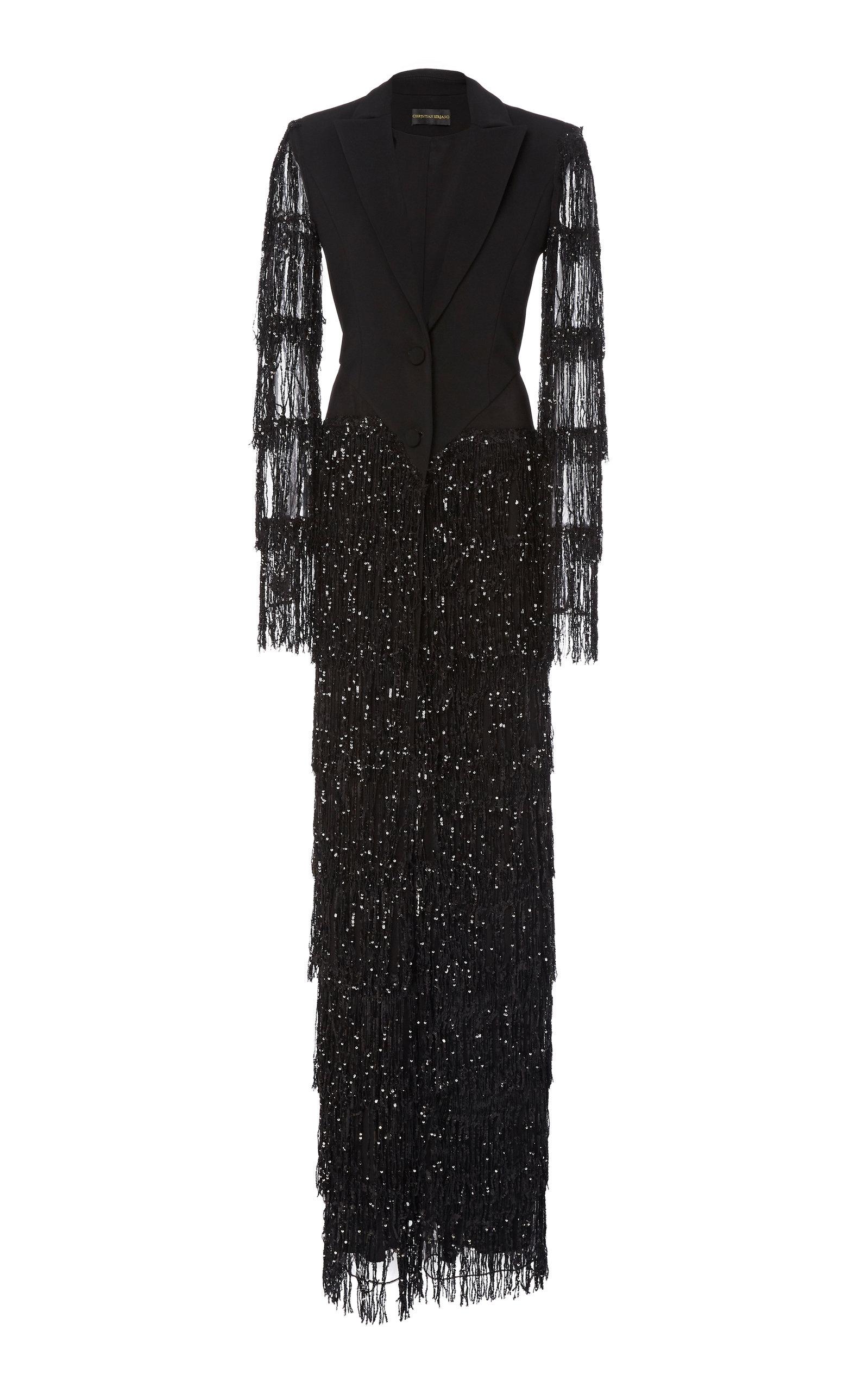 Christian Siriano Synthetic Sequined Tiered Fringed Tuxedo Gown in ...