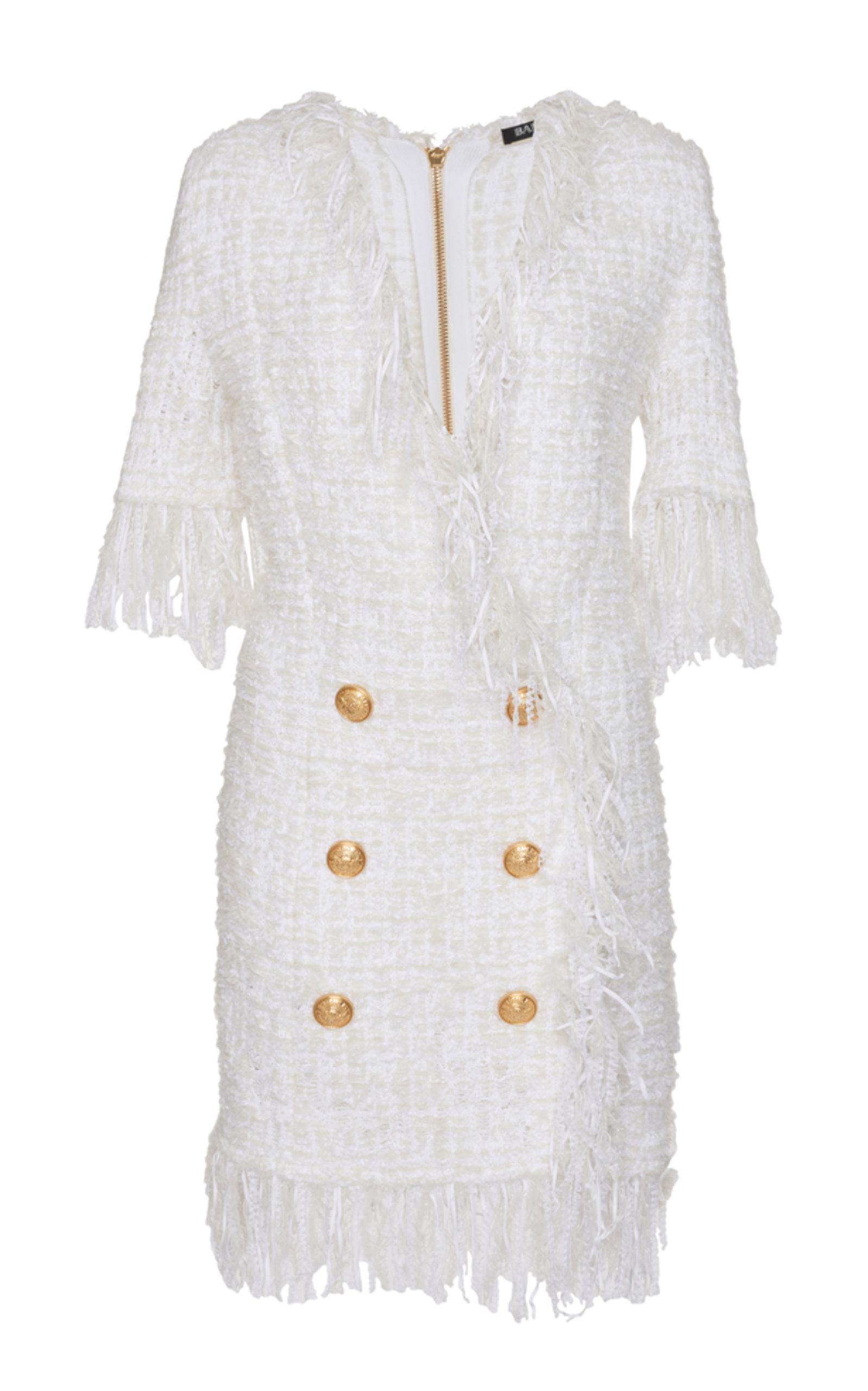 Balmain Fringed Tweed Dress in White | Lyst