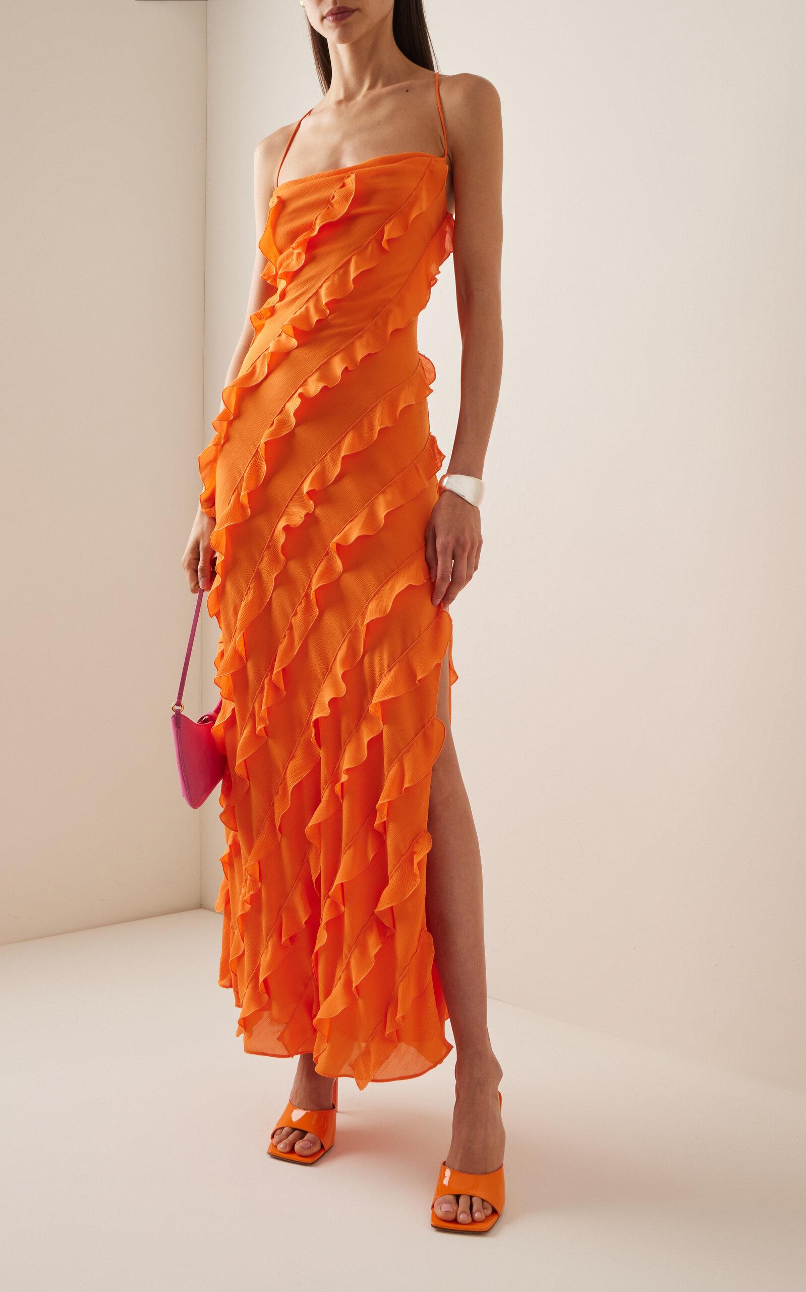 STAUD Ruffle-trimmed Crepe Maxi Dress in Orange