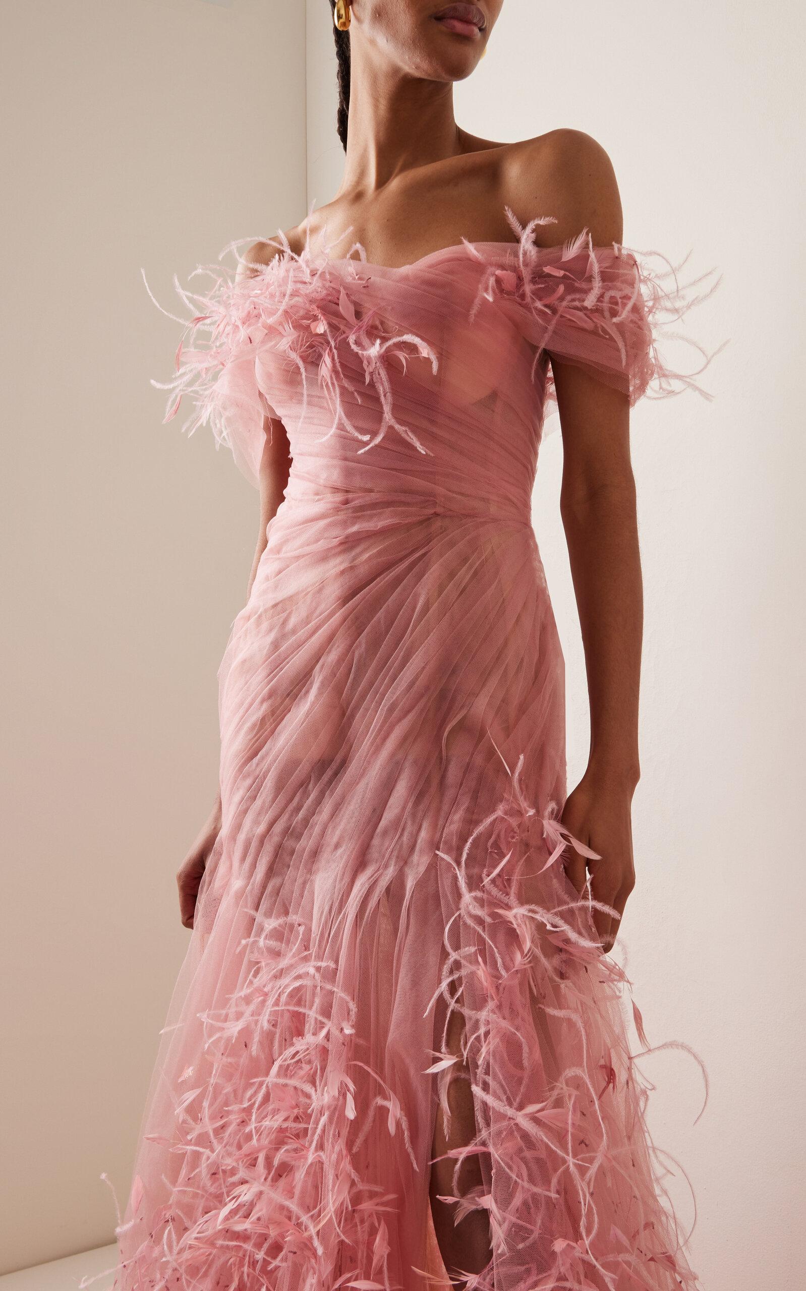 Marchesa Feather-embroidered Tulle Off-the-shoulder Gown in Pink