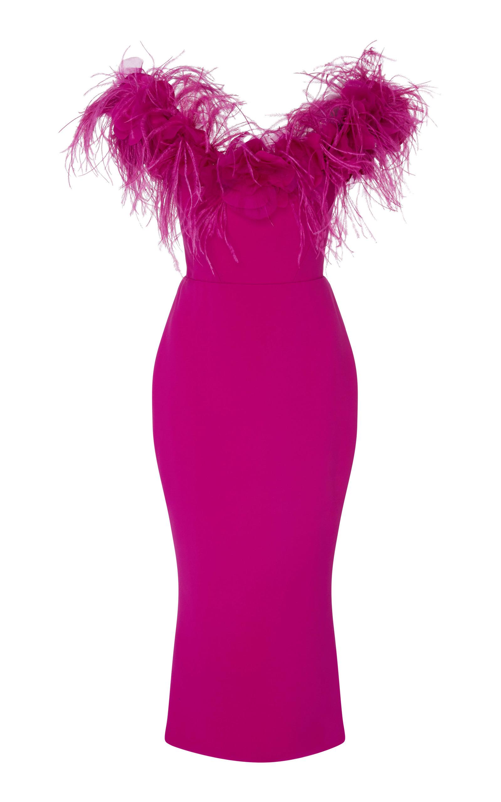 Marchesa Off The Shoulder Feather Midi Dress in Pink | Lyst