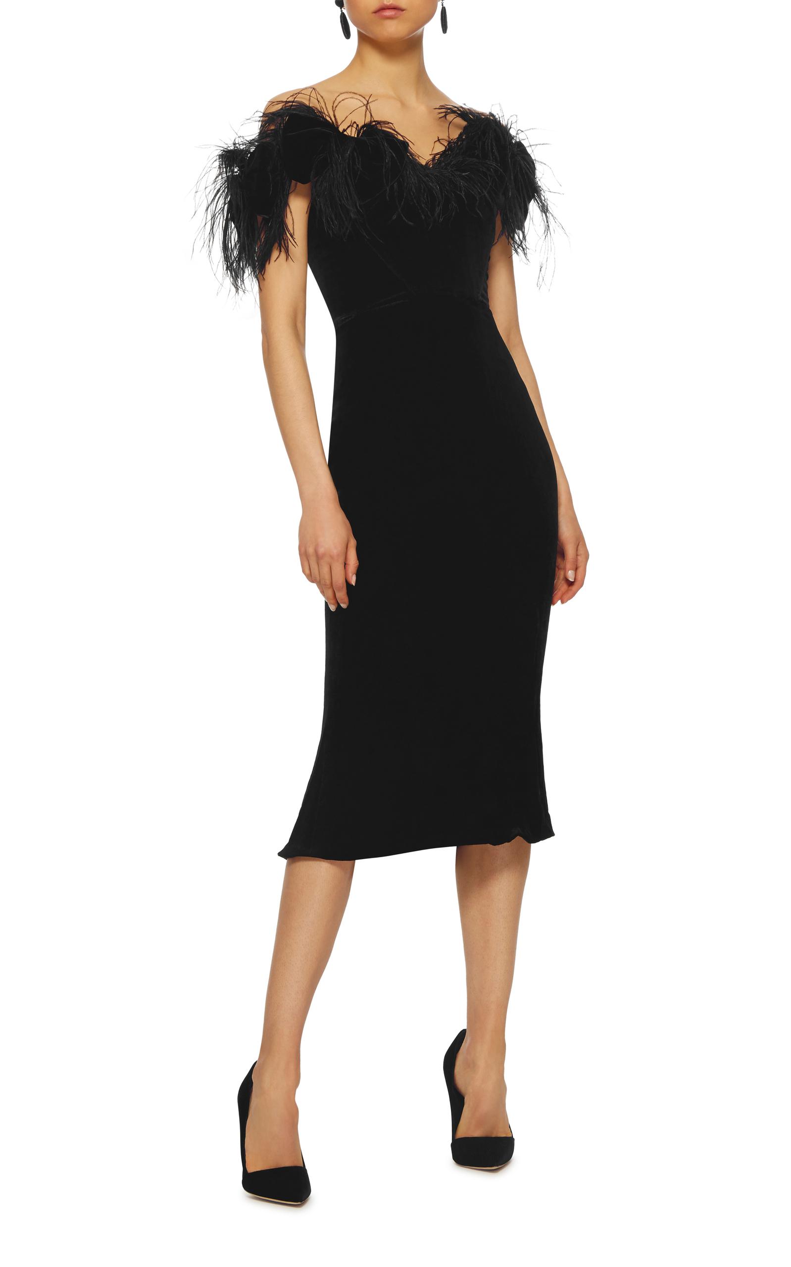 Ostrich Feather Off The Shoulder Velvet Dress