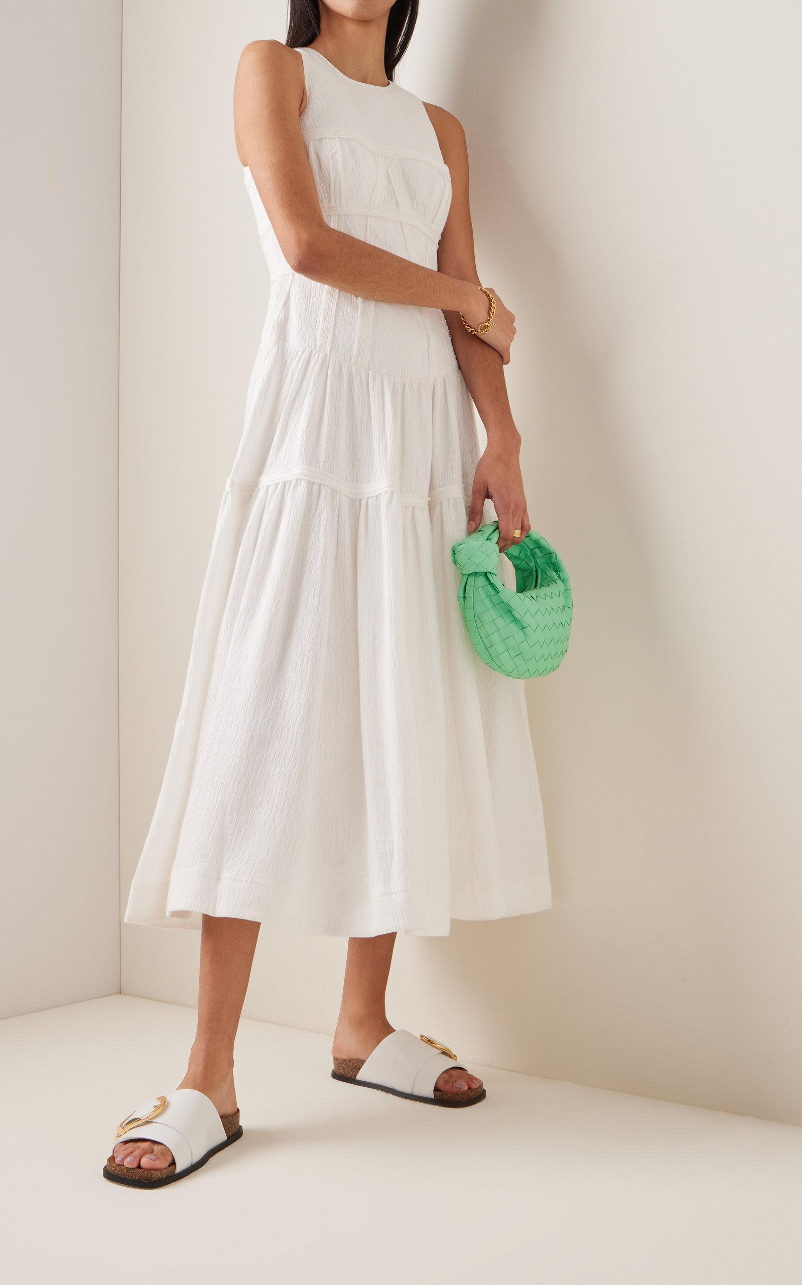 white christmas dresses Miss Circle Paloma Blue Print Linen Corset Draping Top Midi Dress Xs
