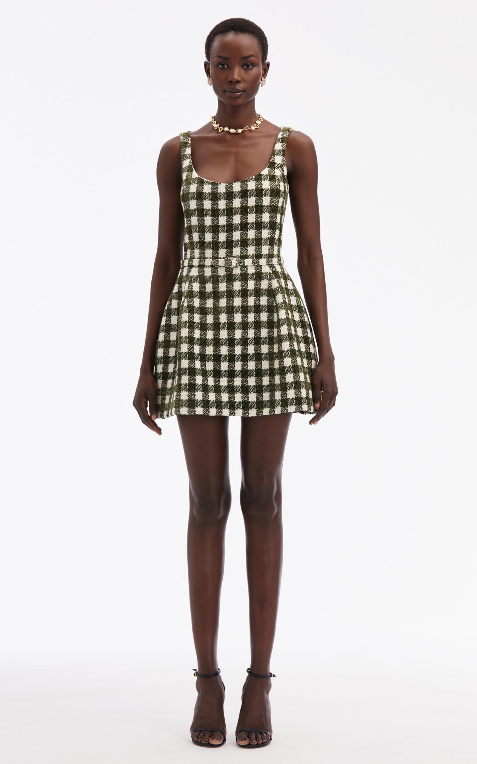 Oscar de la Renta Checkered Chenille-tweed Mini Dress in Green
