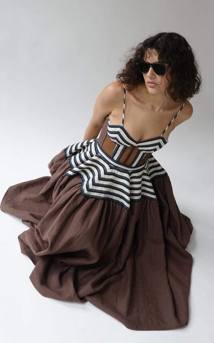 Rosie Assoulin Golden Afternoon Striped Linen Midi Dress in Brown | Lyst