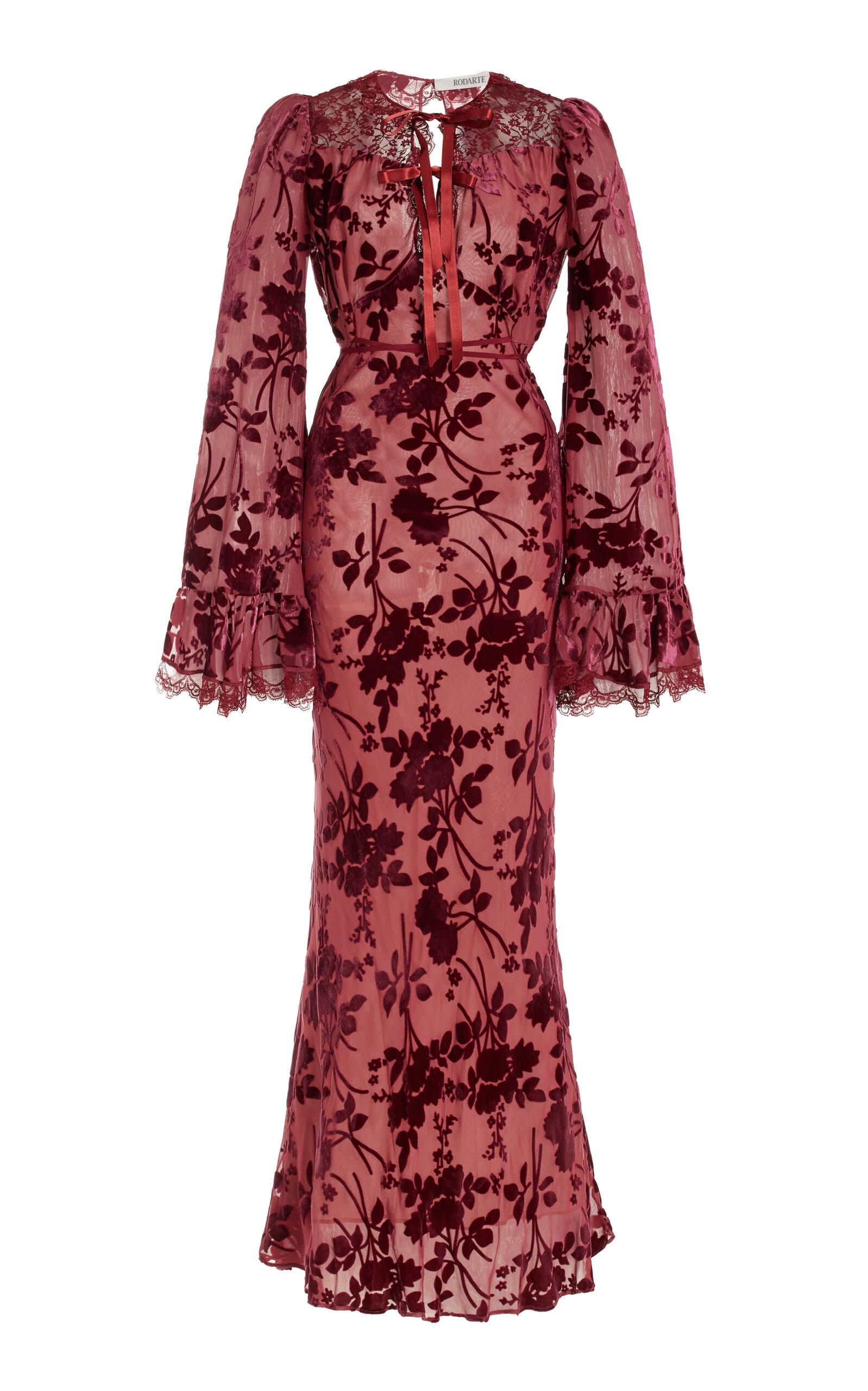 Rodarte Bell-sleeve Lace-trimmed Flocked Maxi Dress in Red | Lyst