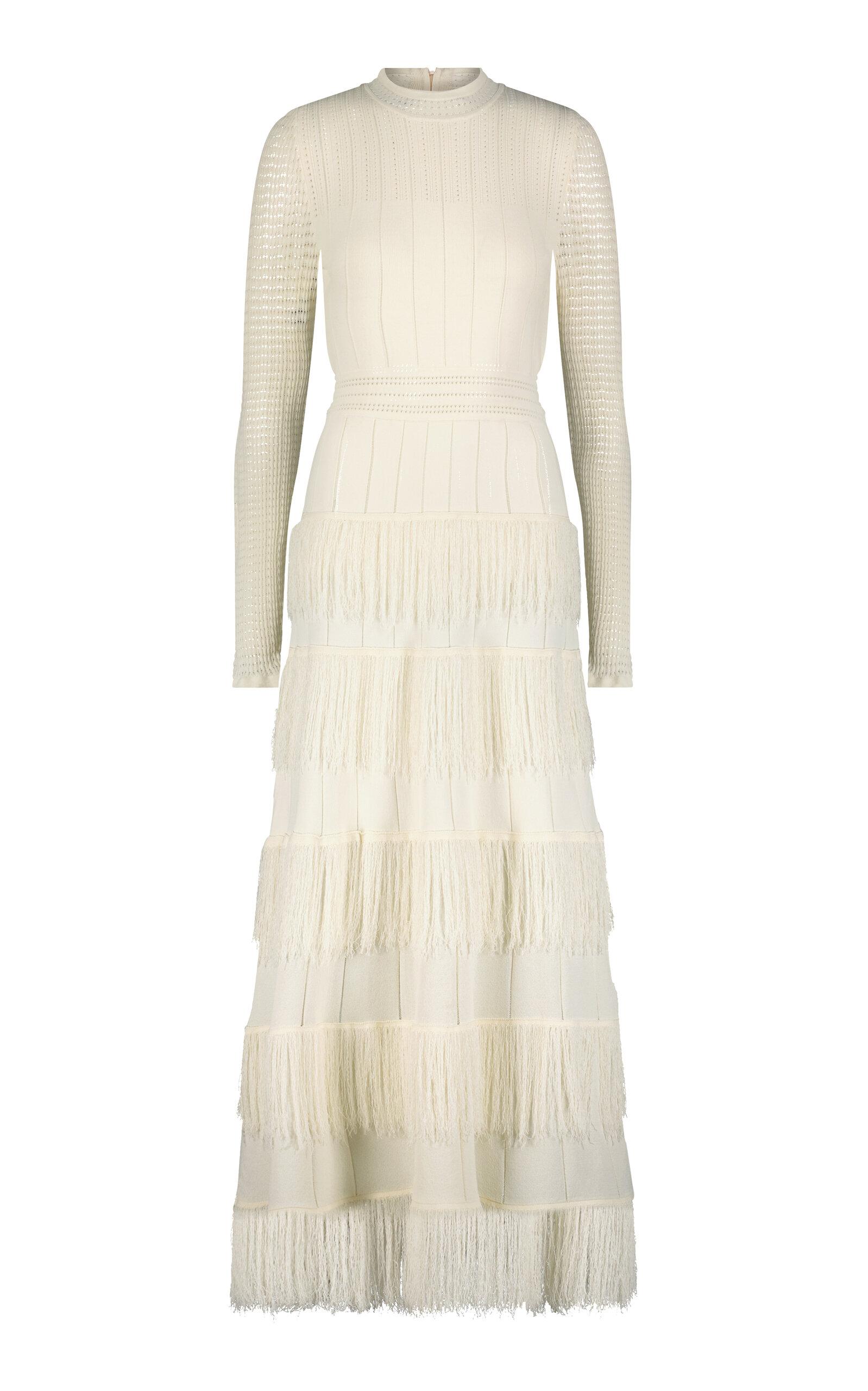 Lela Rose Piper Fringed Knit Maxi Dress in White | Lyst