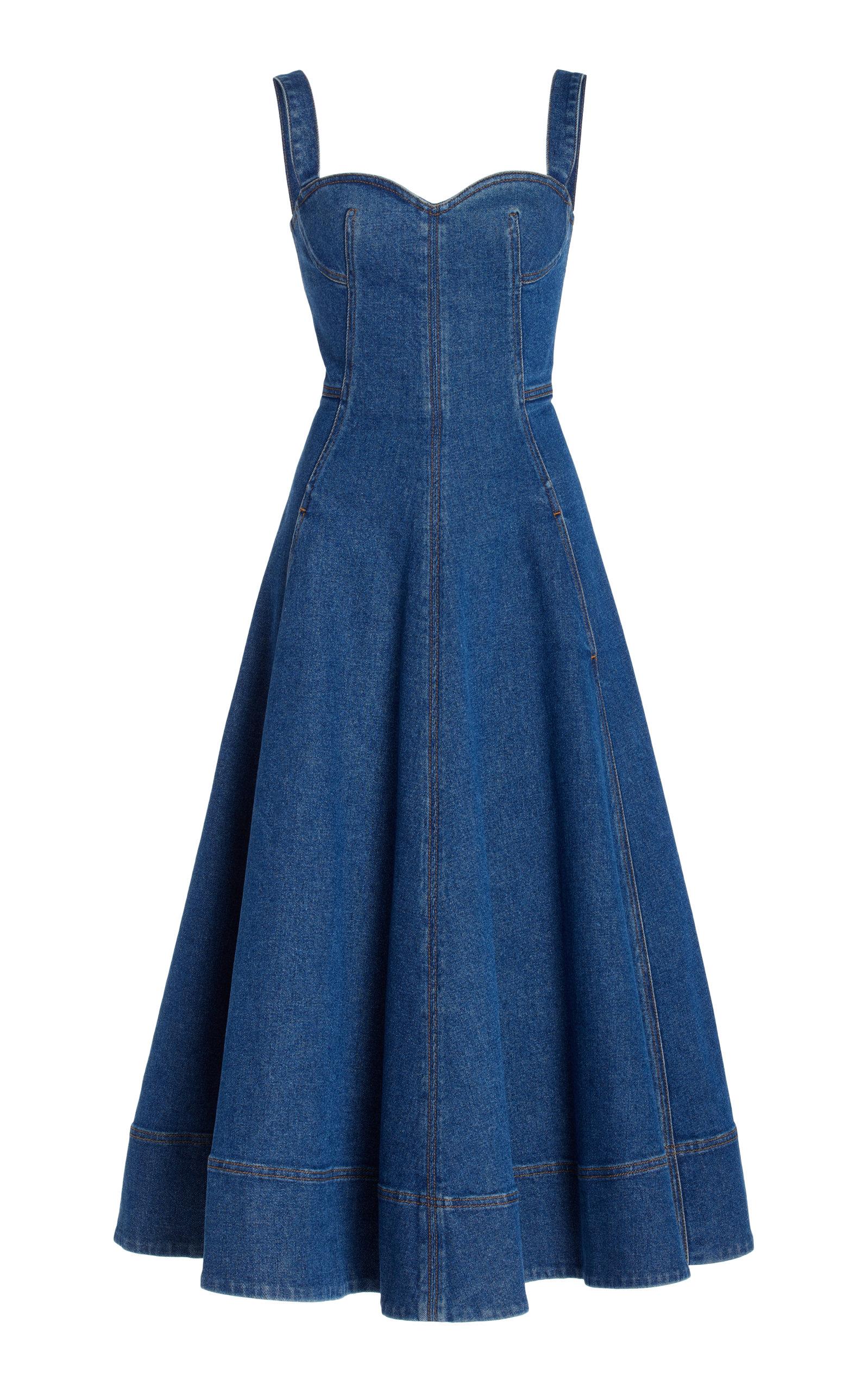 oscar de la renta denim mini dress Oscar de la Renta Sleeveless Square Nk Denim Dress W/ Bow Dtl in Blue