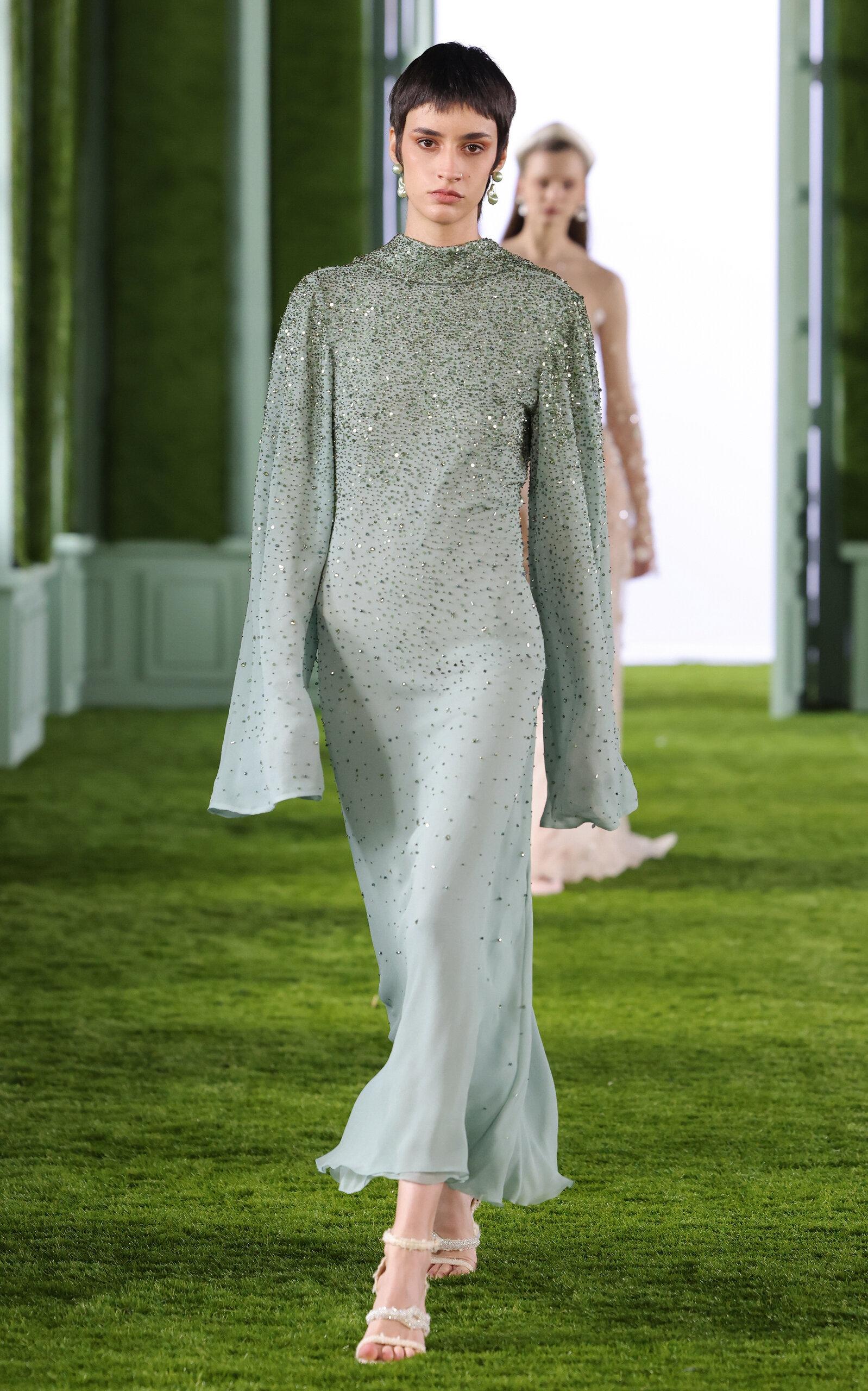 georges hobeika green dress Georgette Dress with a 3D Flower Mesh by Georges Hobeika – Elilhaam main image 1