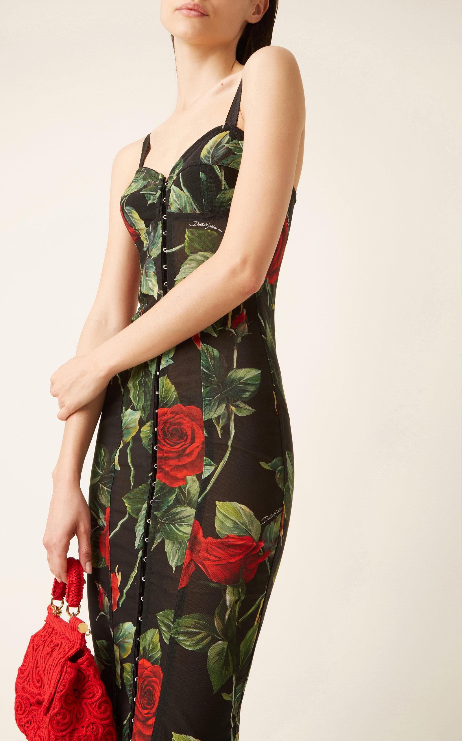 & Gabbana Rose-print Tulle Corseted Midi Dress in Green | Lyst