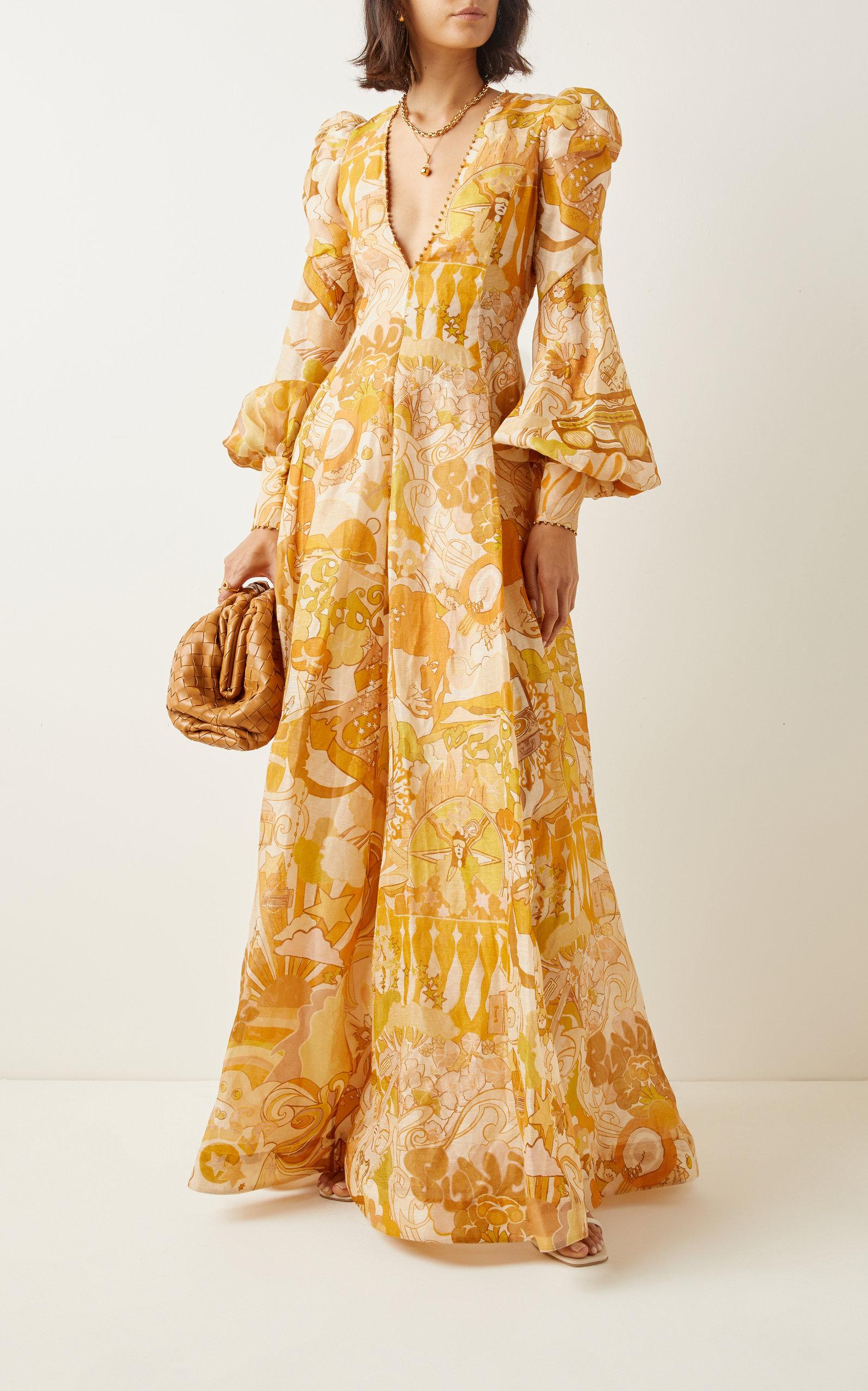 Zimmermann Tempo Puff-sleeve Printed Linen-silk Gown | Lyst