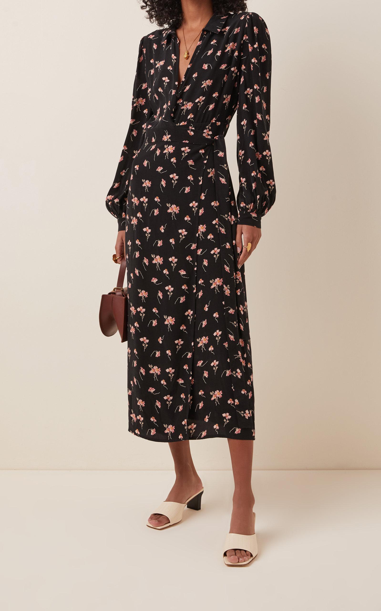 byTiMo Leather Floral-printed Crepe De Chine Wrap Dress in Black - Lyst