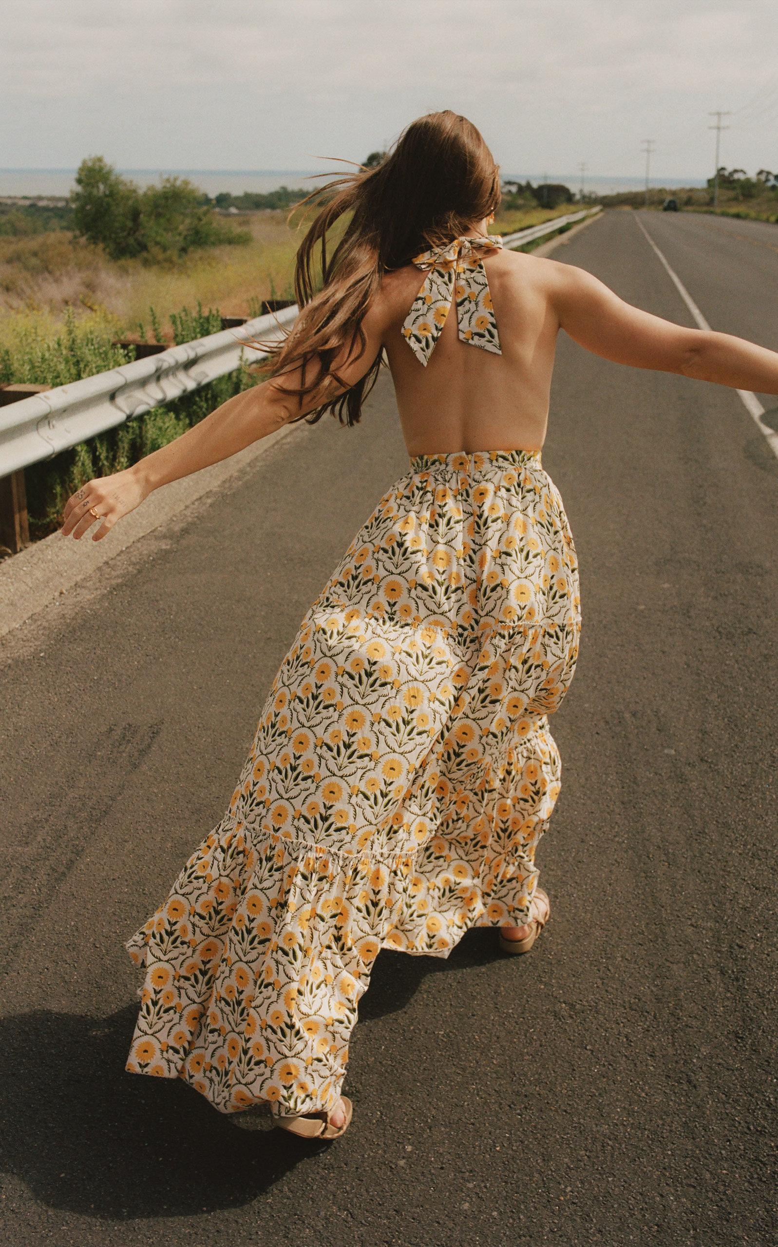 Agua by Agua Bendita Naranja Floral Cotton Poplin Maxi Halter Dress in  Yellow | Lyst