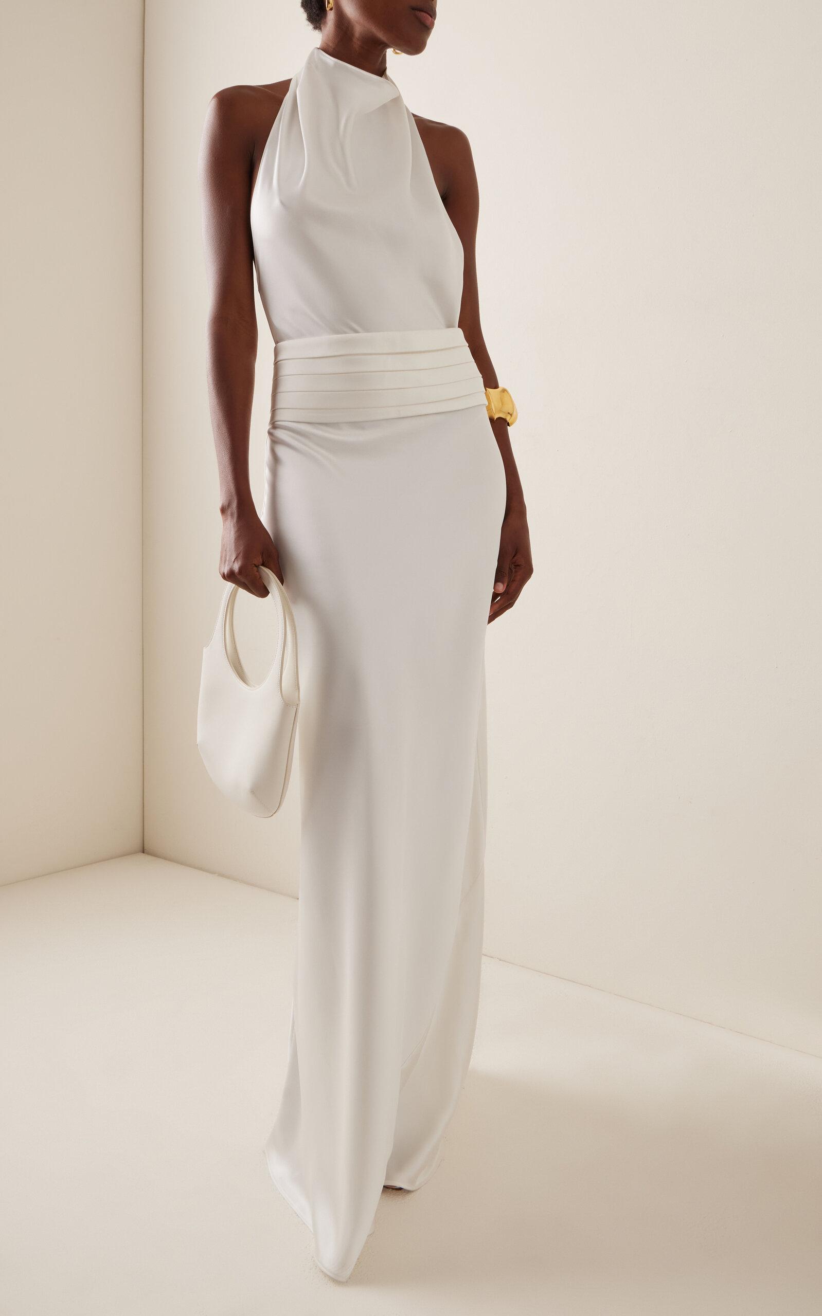 Ila Exclusive Sidney Belted Draped Satin Gown in White | Lyst