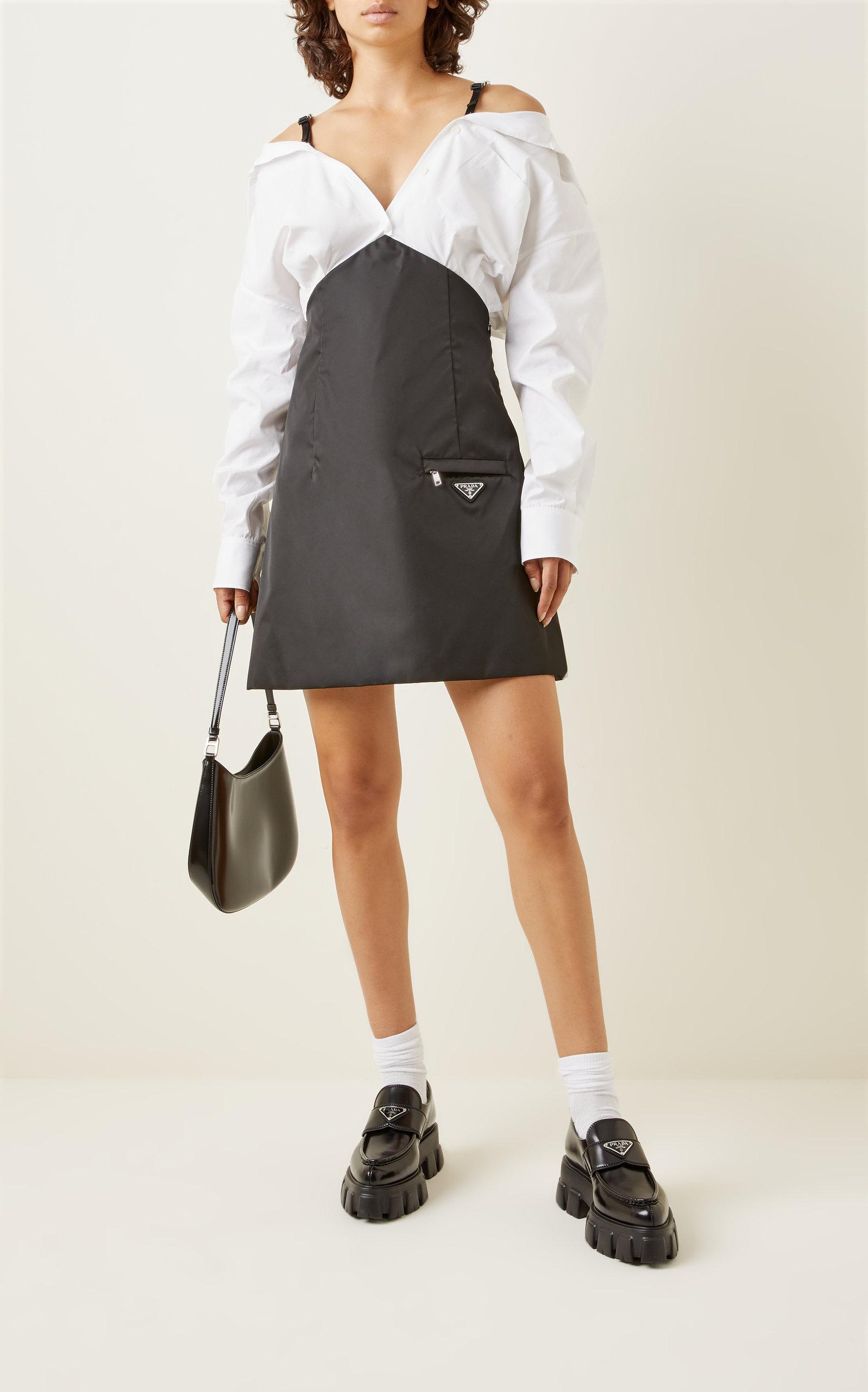 Prada Draped Cotton And Nylon Mini Dress in Black/White (Black) | Lyst