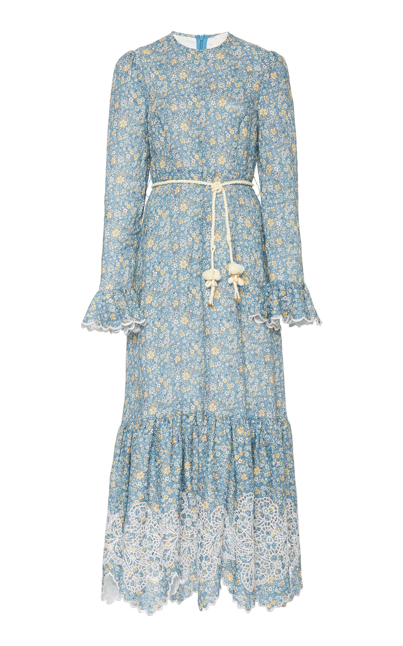 Zimmermann Carnaby Ropebelt Floralprint Linen Midi Dress in Blue