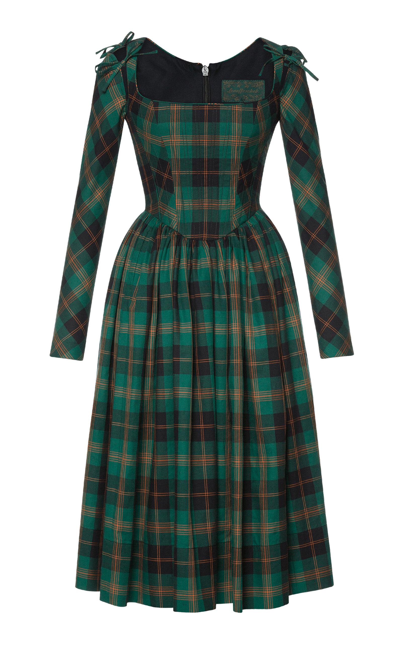 Lena Hoschek Vivienne Convertible Plaid Cotton Midi Dress in Green | Lyst UK