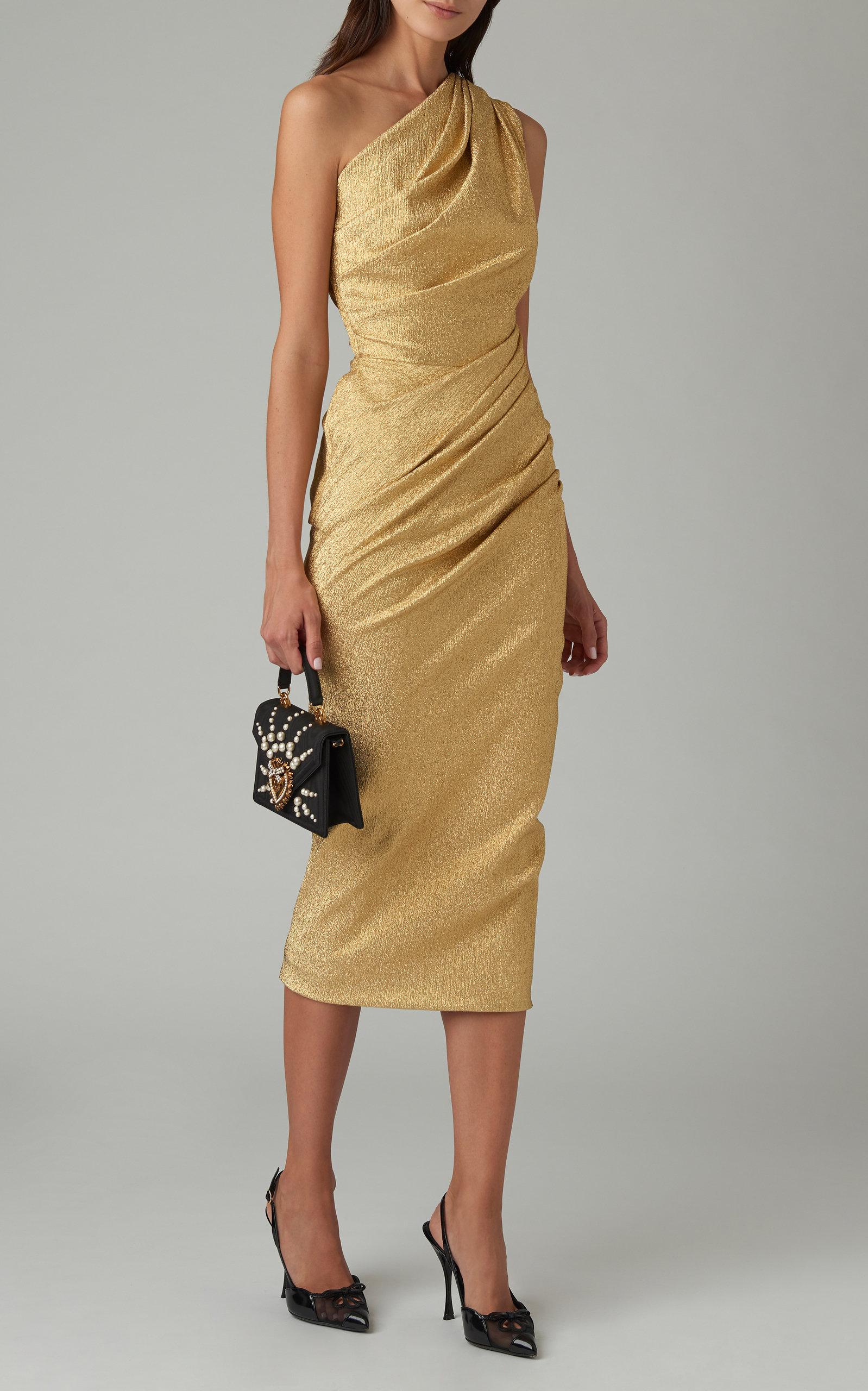 Dolce & Gabbana Silk One-shoulder Lamé Longuette Dress in Gold ...