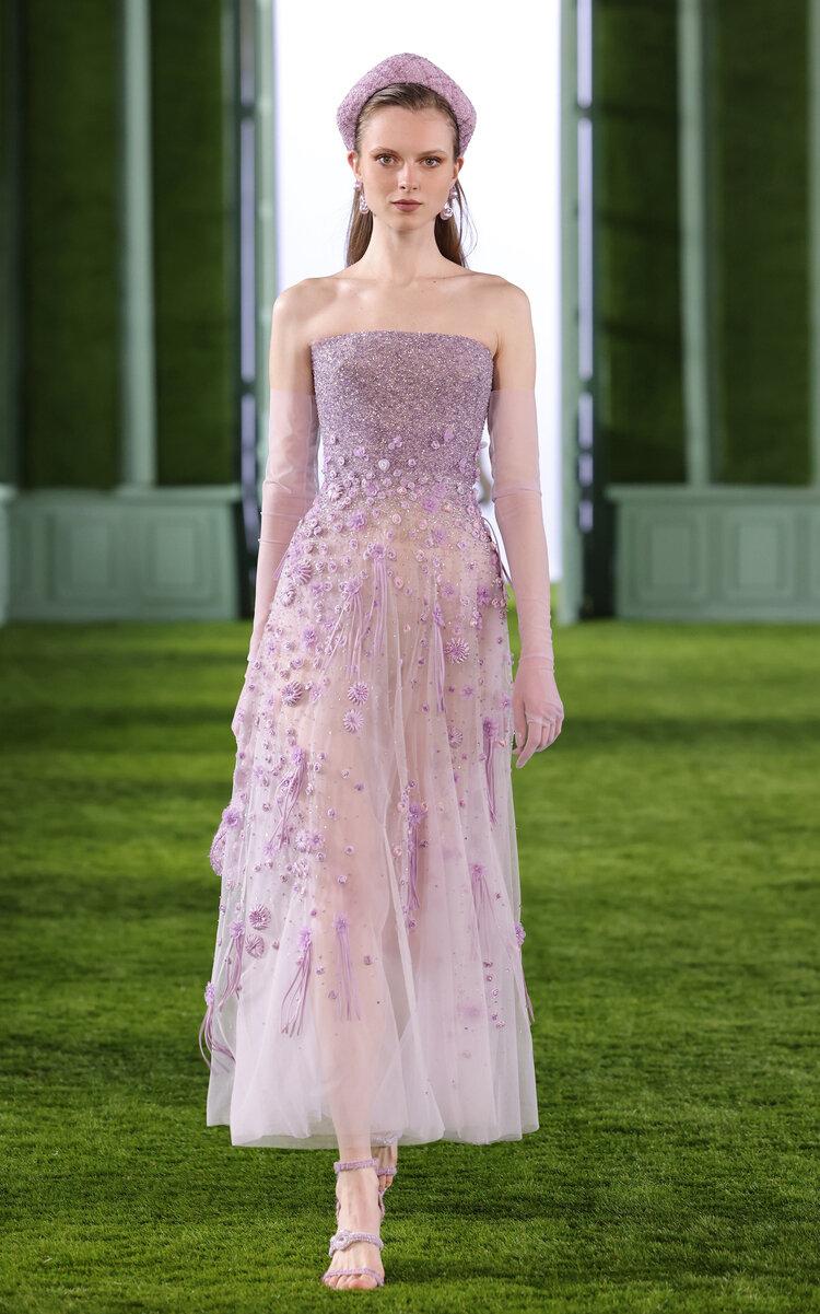 Georges Hobeika Strapless Embellished Chiffon Midi Dress in Green